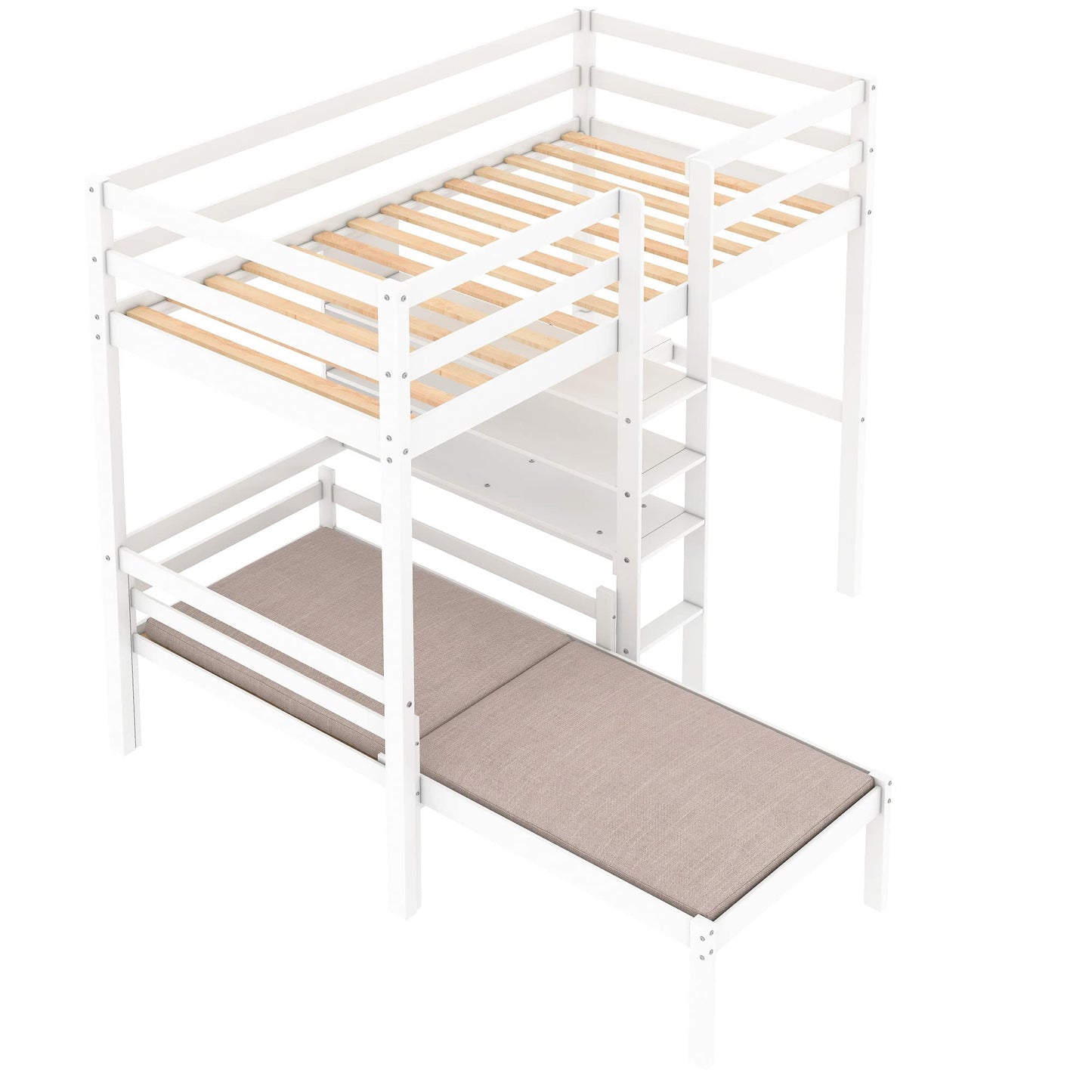KELESY Convertible Loft Bed with L-Shape Desk, Twin Bunk Bed with Shelves and Ladder, White