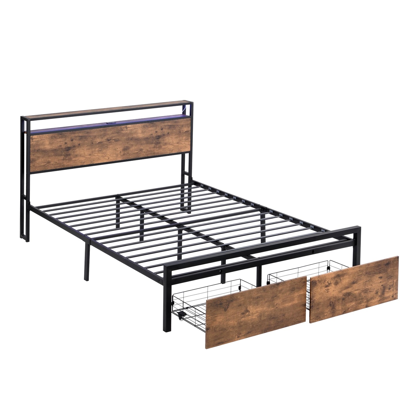 KELESY Bed Frame with Storage Headboard and 2 Drawers & Charging Station, Metal Platform Bed No Noise, Mattress Foundation Strong Metal Slats Support No Box Spring Needed