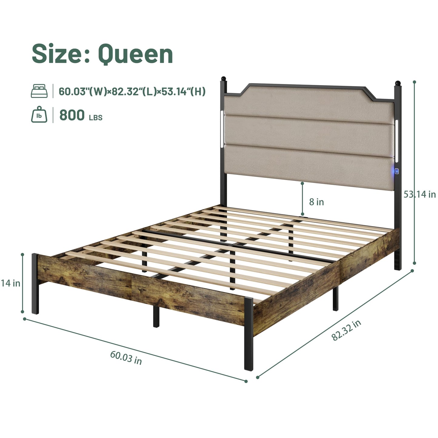 KELESY Bed Frame with Upholstered Headboard, Queen Bed Frame with Charging Station, Wood Slats, Easy Assembly,No Box Spring Needed,Industrial Brown