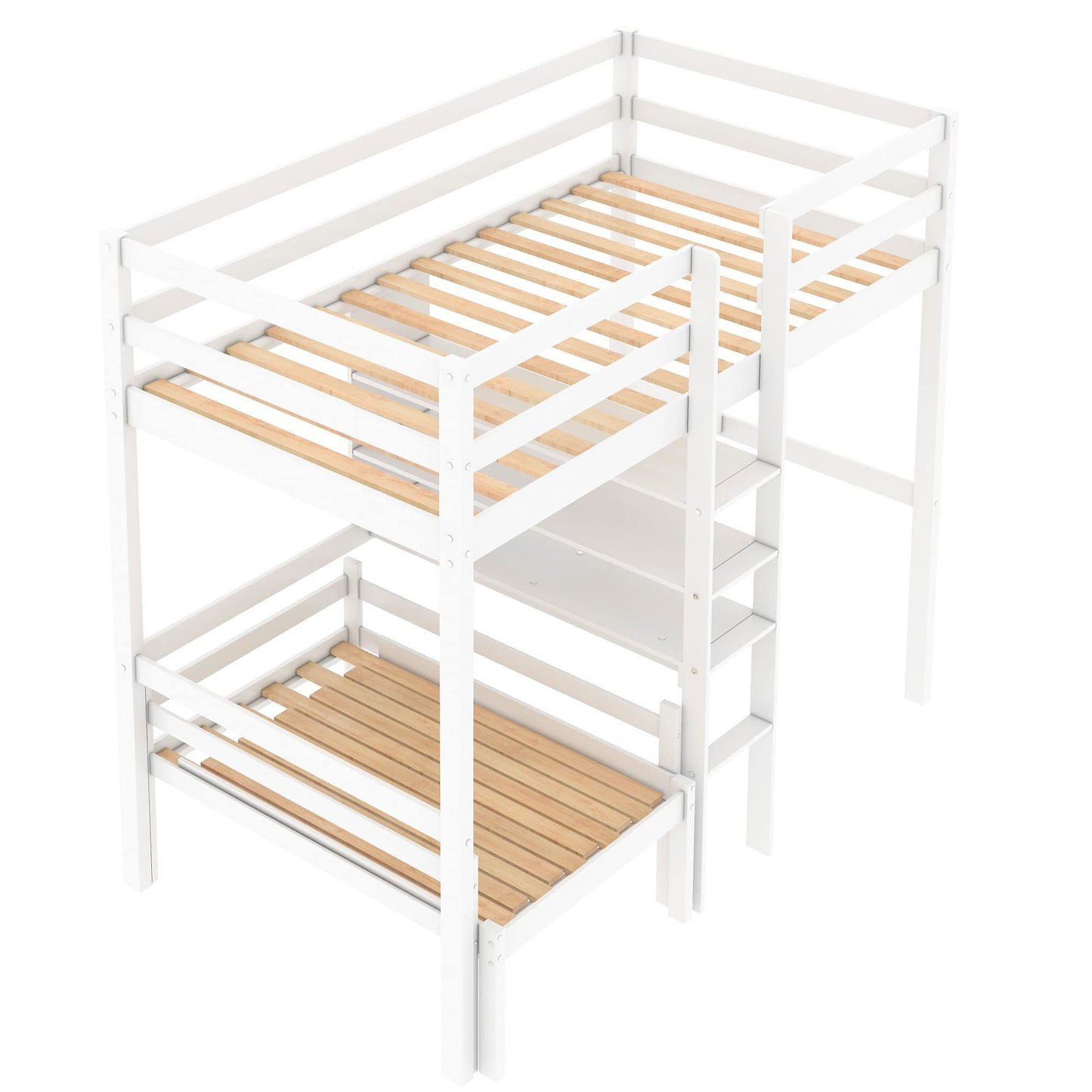 KELESY Convertible Loft Bed with L-Shape Desk, Twin Bunk Bed with Shelves and Ladder, White