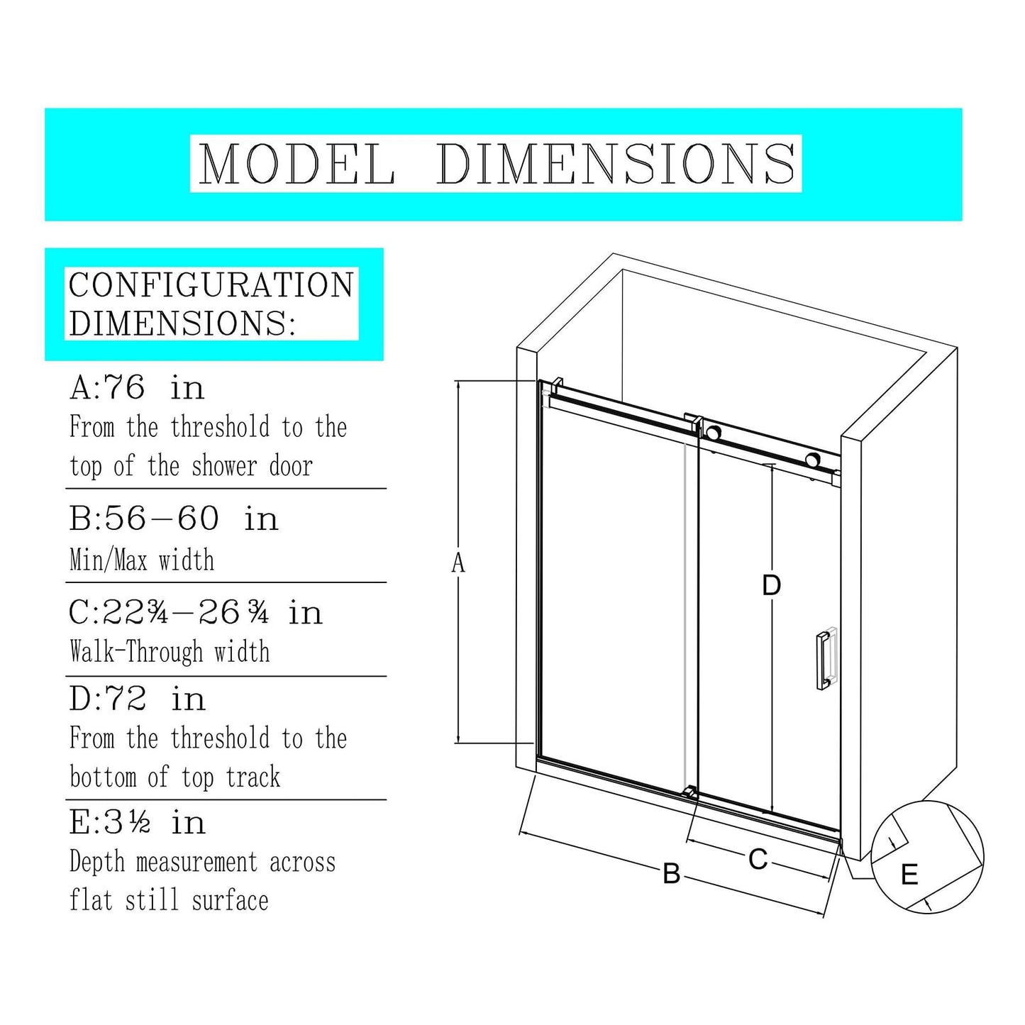 Frameless Sliding Glass Shower Door–56-60" W * 76" H Adjustable Width Shower Door –Shower Door with Buffer and 3/8" (10mm) Thick SGCC Tempered Glass Door,Reversible Installation, Brushed Gold Finish
