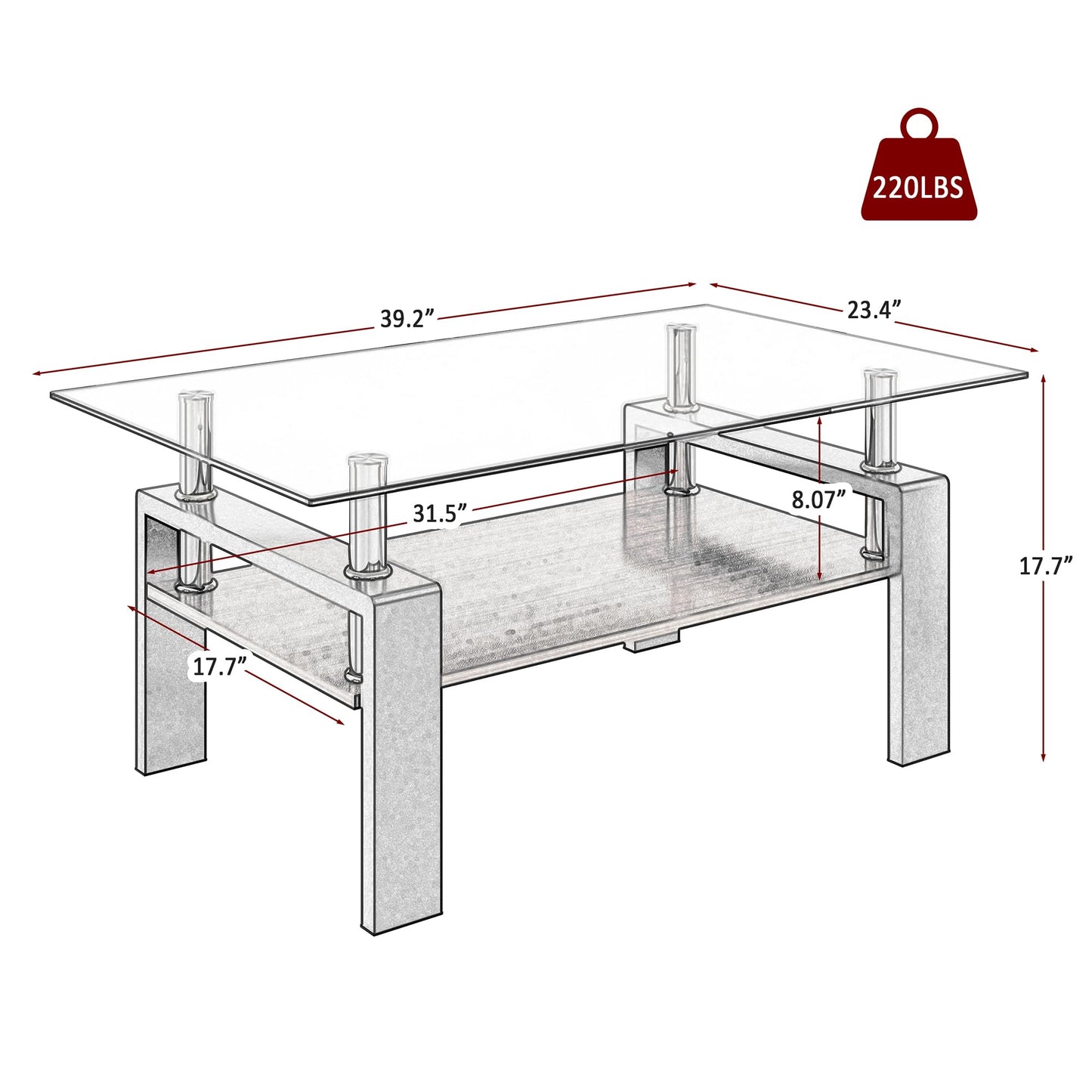 KELESY Modern Rectangle Coffee Table with Tempered Glass Top and MDF Layer - Stylish Living Room Glass Table