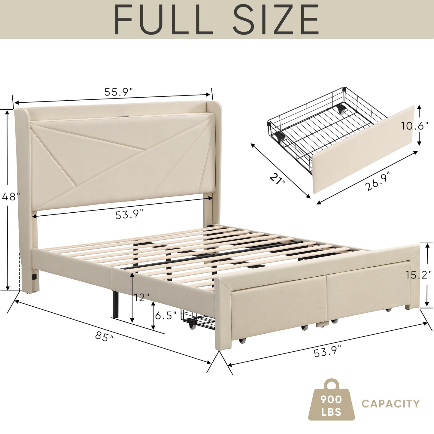 KELESY Bed Frame with 2 Storage Drawers, Upholstered Bed Frame with Wingback Headboard Storage Shelf Built-in USB Charging Stations and Strong Wood Slats Support, No Box Spring Needed