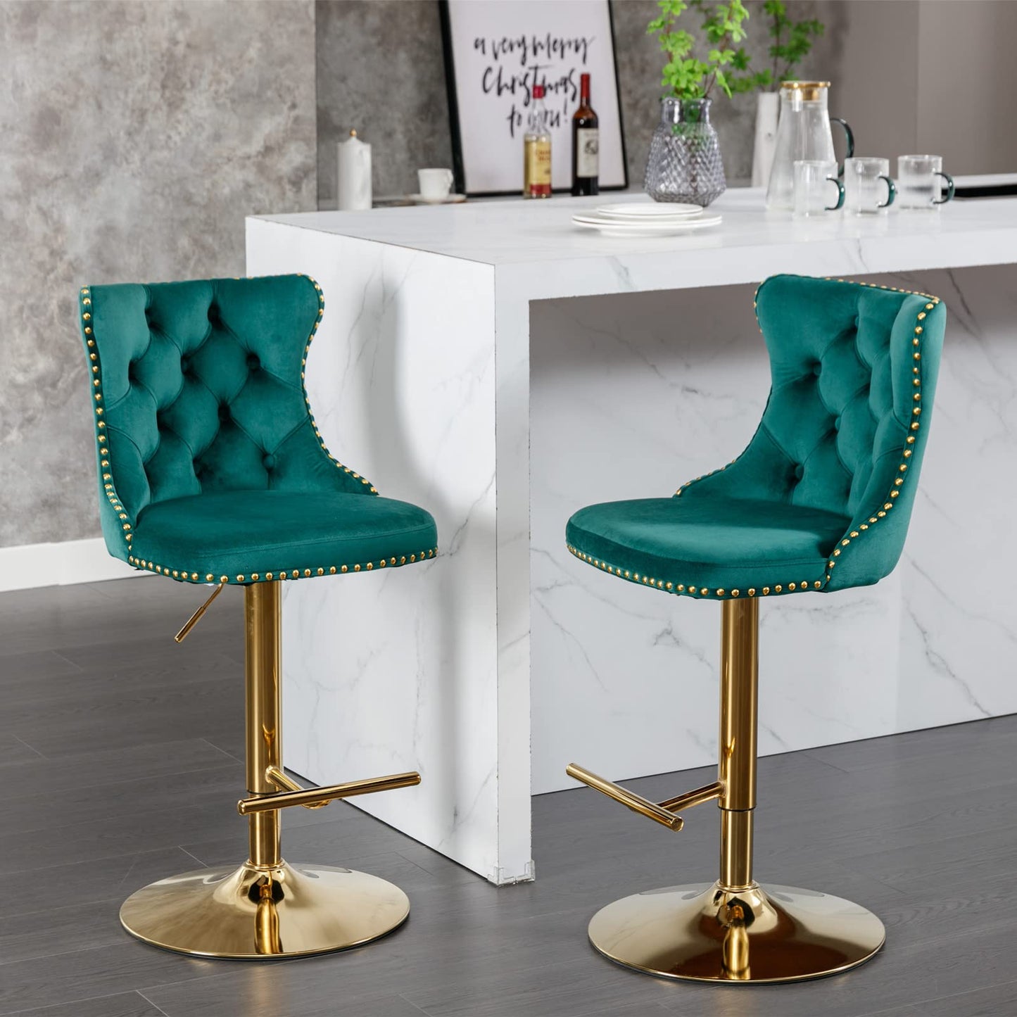 KELESY Golden Swivel Velvet Barstools Adjusatble Seat Height from 25-33 Inch,Modern Upholstered Bar Stools with Backs Comfortable Tufted for Home Pub and Kitchen Island,Set of 2