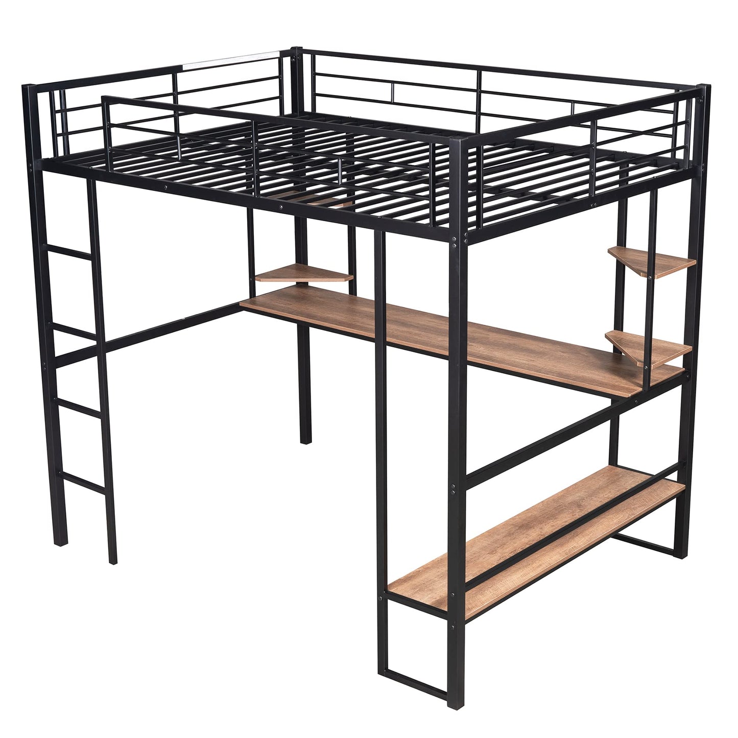 KELESY Full Size Loft Bed with Desk and Shelves, Heavy Duty Metal & MDF Construction, Black