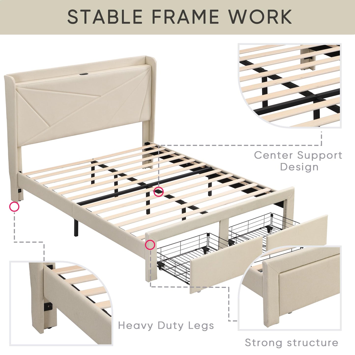 KELESY Bed Frame with 2 Storage Drawers, Upholstered Bed Frame with Wingback Headboard Storage Shelf Built-in USB Charging Stations and Strong Wood Slats Support, No Box Spring Needed