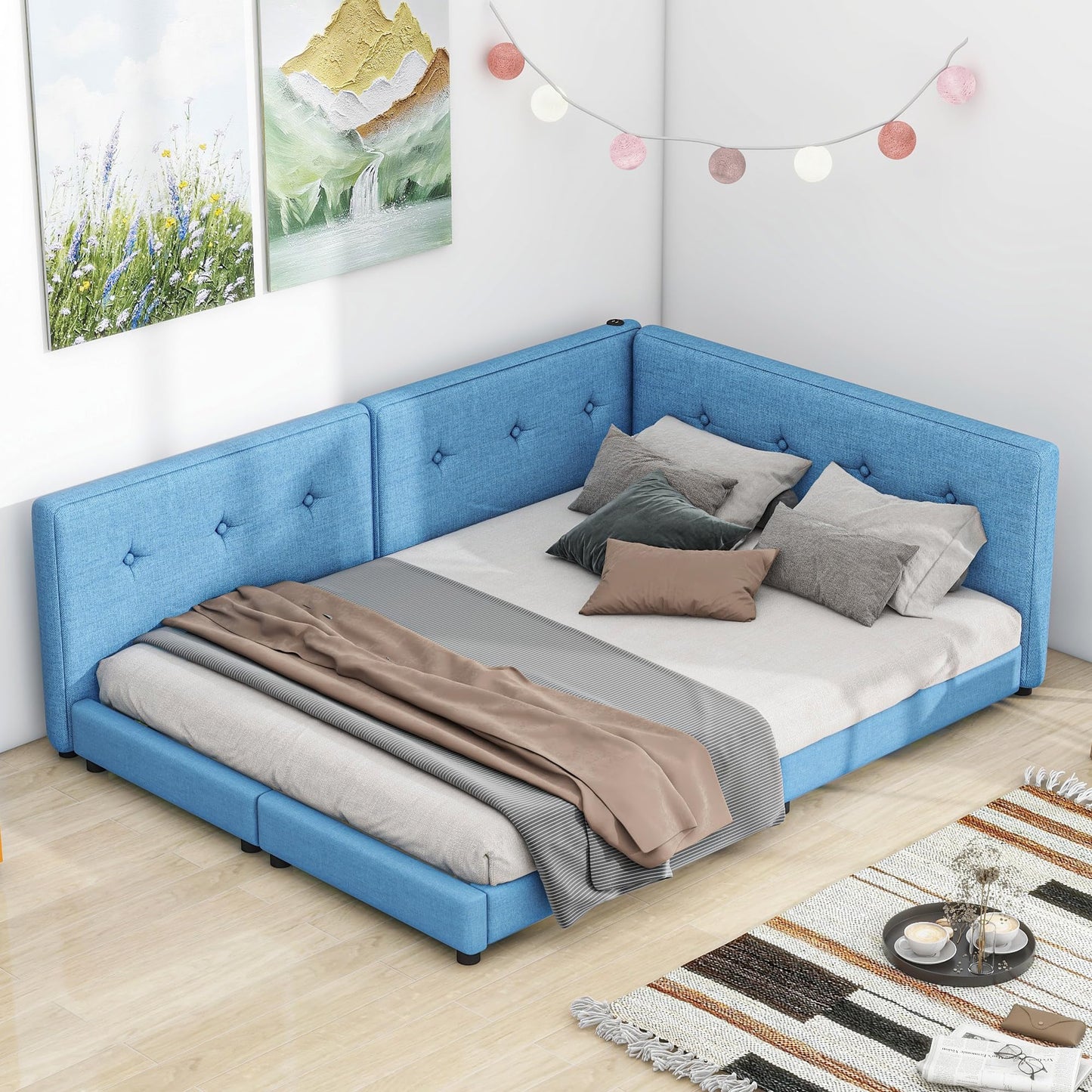 KELESY Daybed with Storage, Upholstered Corner Bed Frame with Drawers, Floor Bed Frame with USB Charging, L Shaped Bed Frame with Solid Slats Support for Teens Adults