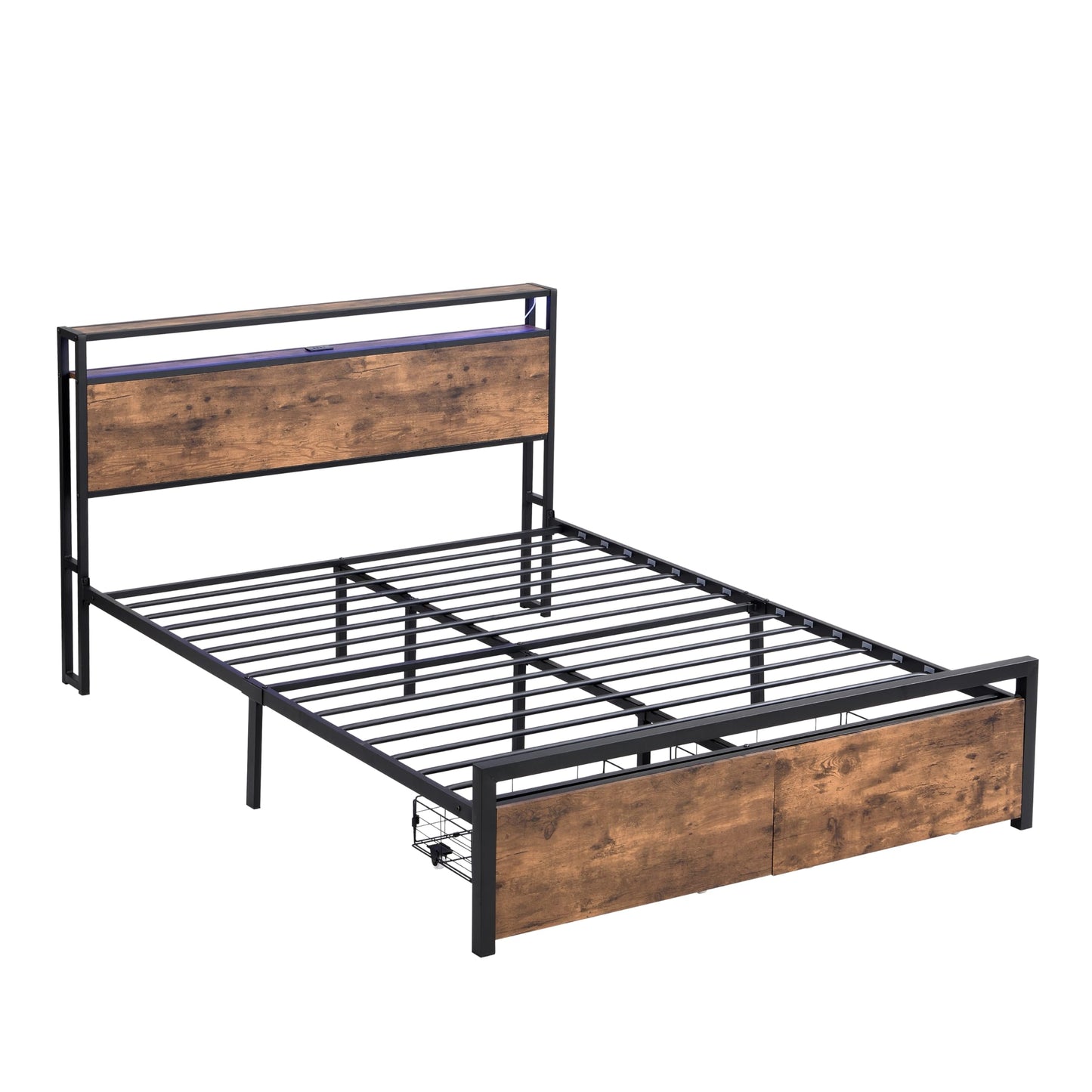 KELESY Bed Frame with Storage Headboard and 2 Drawers & Charging Station, Metal Platform Bed No Noise, Mattress Foundation Strong Metal Slats Support No Box Spring Needed