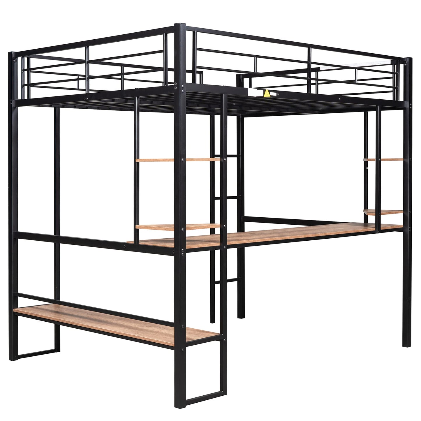 KELESY Full Size Loft Bed with Desk and Shelves, Heavy Duty Metal & MDF Construction, Black