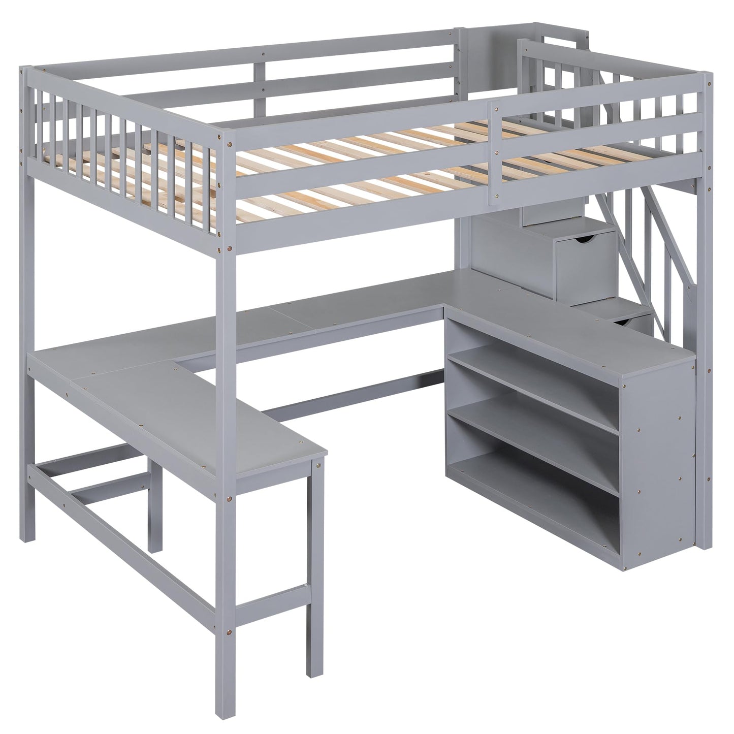 KELESY Full Size Loft Bed with Built-in L-Shaped Desk and Three-Tier Storage Shelves,and Attached Storage Staircase