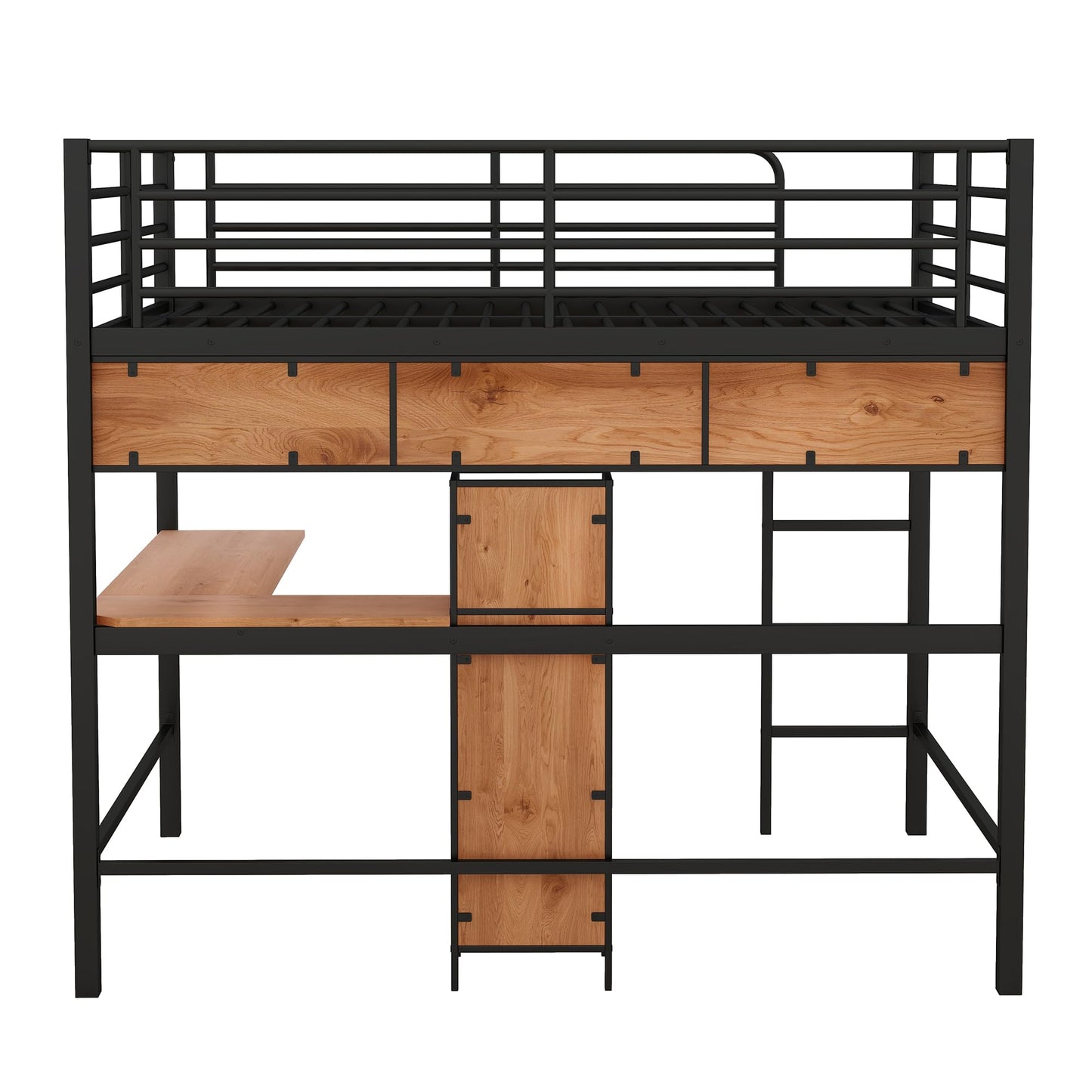 KELESY Full Size Metal & Wood Loft Bed with L -Shaped Desk and Shelves, Black and Brown
