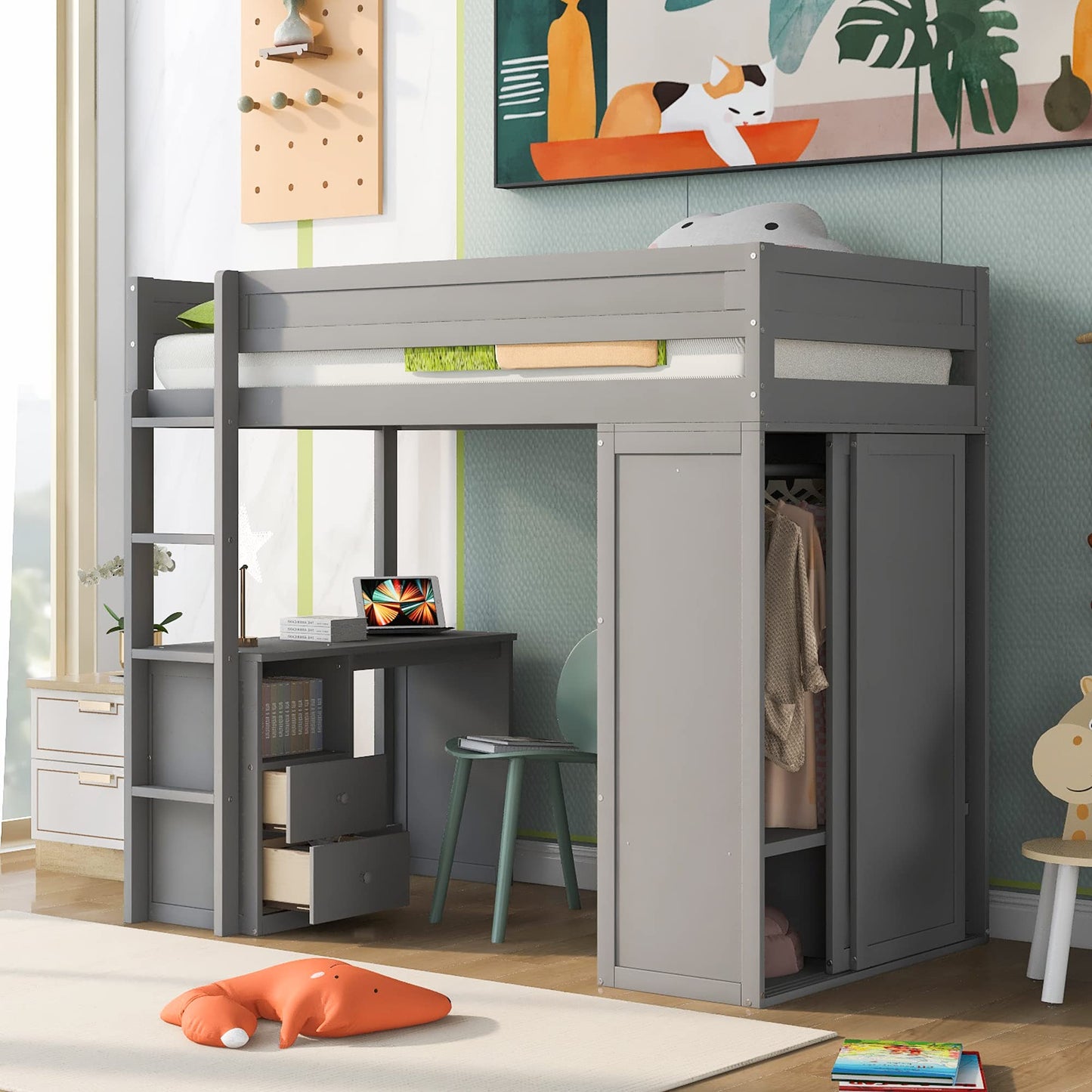 KELESY Wood Loft Bed with Desk, Wardrobe & Storage | Multi-Functional Loft Bed Frame for Adults & Teens
