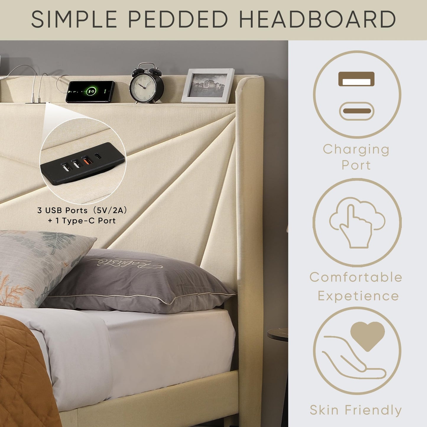 KELESY Bed Frame with 2 Storage Drawers, Upholstered Bed Frame with Wingback Headboard Storage Shelf Built-in USB Charging Stations and Strong Wood Slats Support, No Box Spring Needed