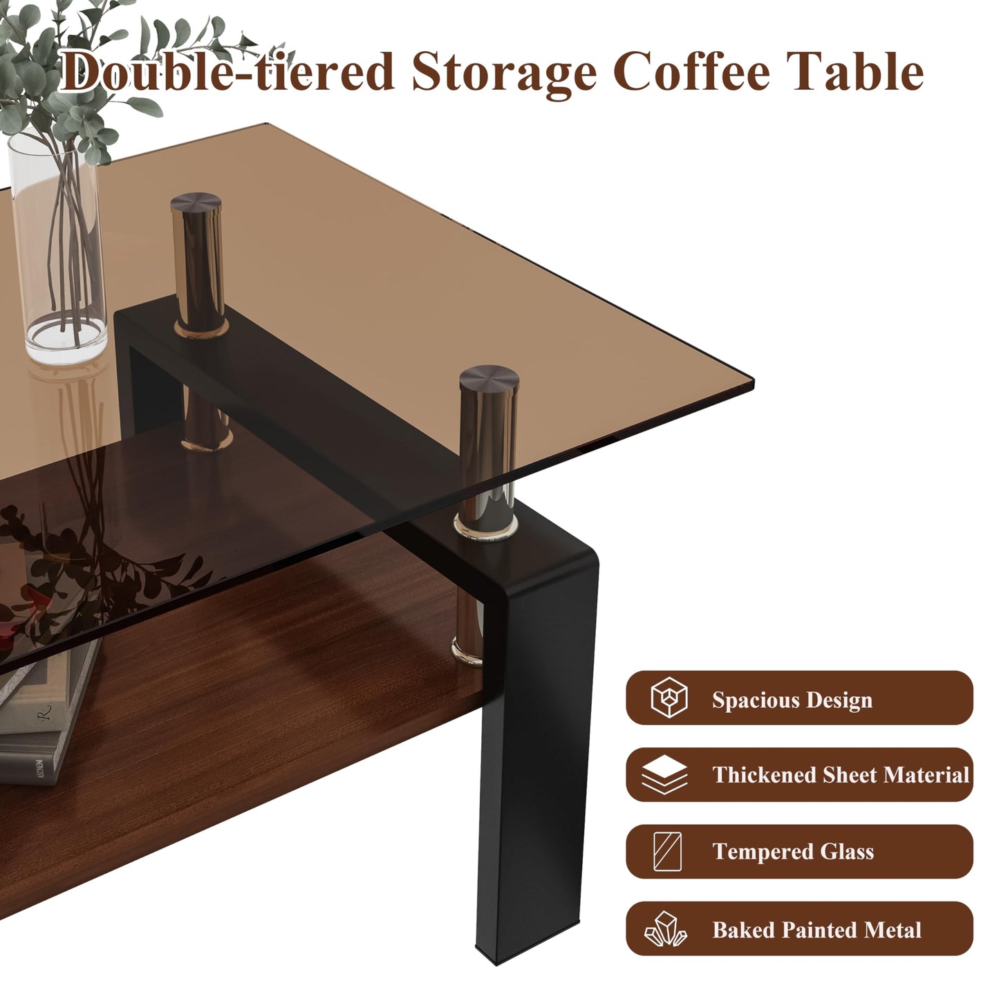 KELESY Modern Rectangle Coffee Table with Tempered Glass Top and MDF Layer - Stylish Living Room Glass Table
