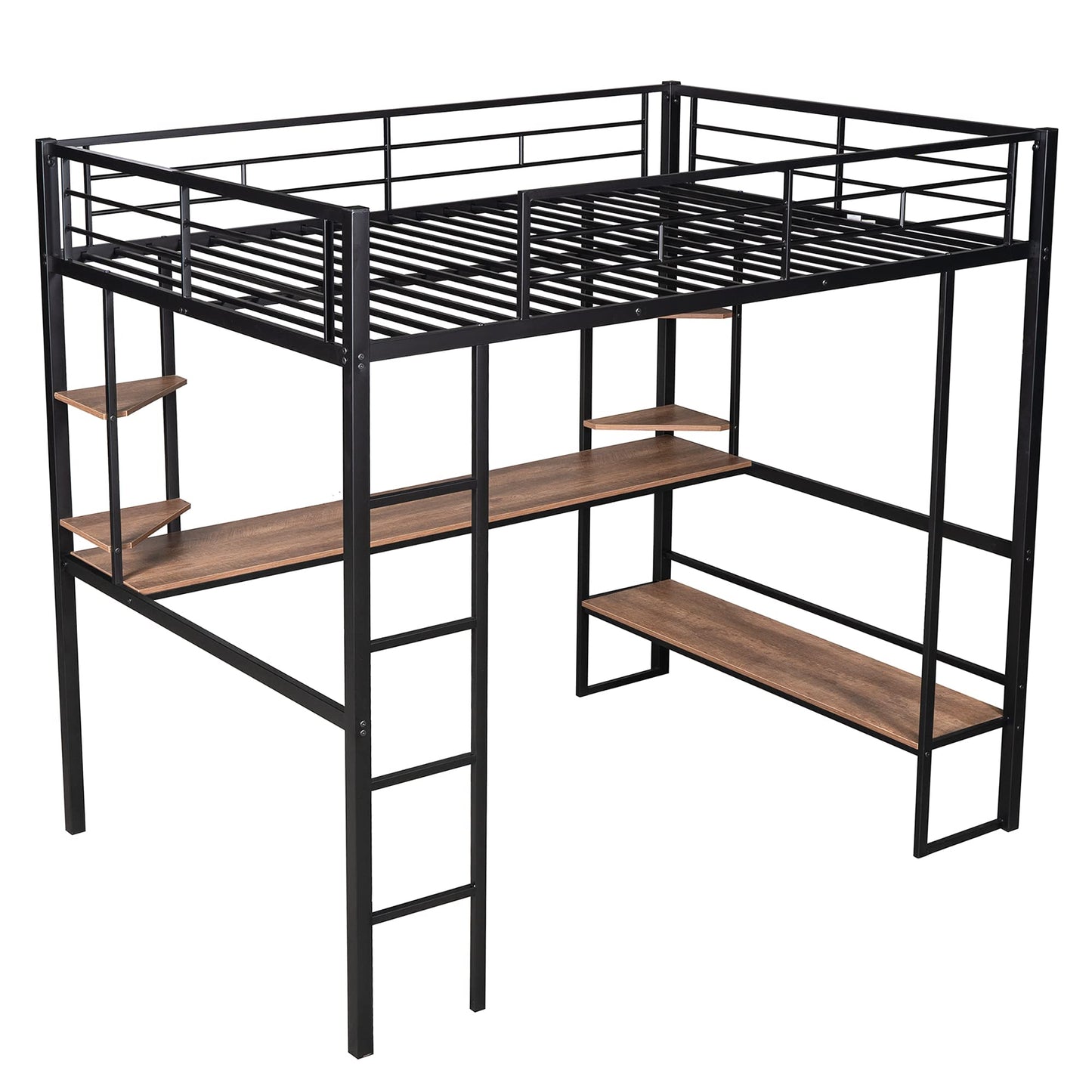 KELESY Full Size Loft Bed with Desk and Shelves, Heavy Duty Metal & MDF Construction, Black