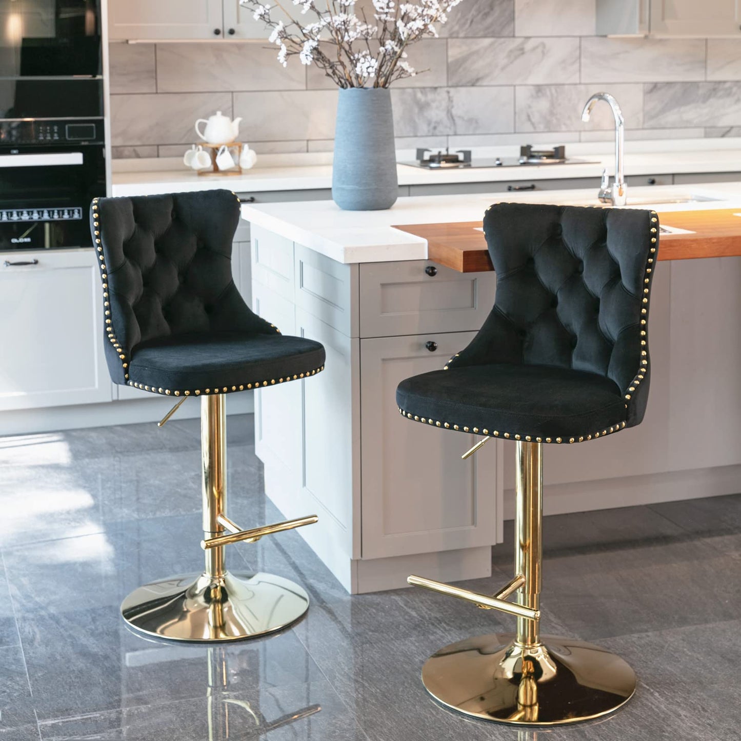 KELESY Golden Swivel Velvet Barstools Adjusatble Seat Height from 25-33 Inch,Modern Upholstered Bar Stools with Backs Comfortable Tufted for Home Pub and Kitchen Island,Set of 2