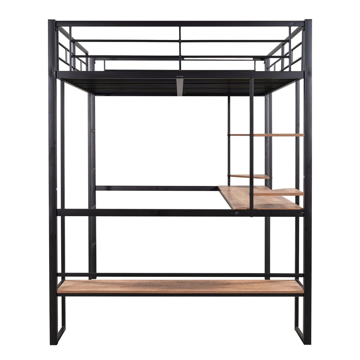 KELESY Full Size Loft Bed with Desk and Shelves, Heavy Duty Metal & MDF Construction, Black