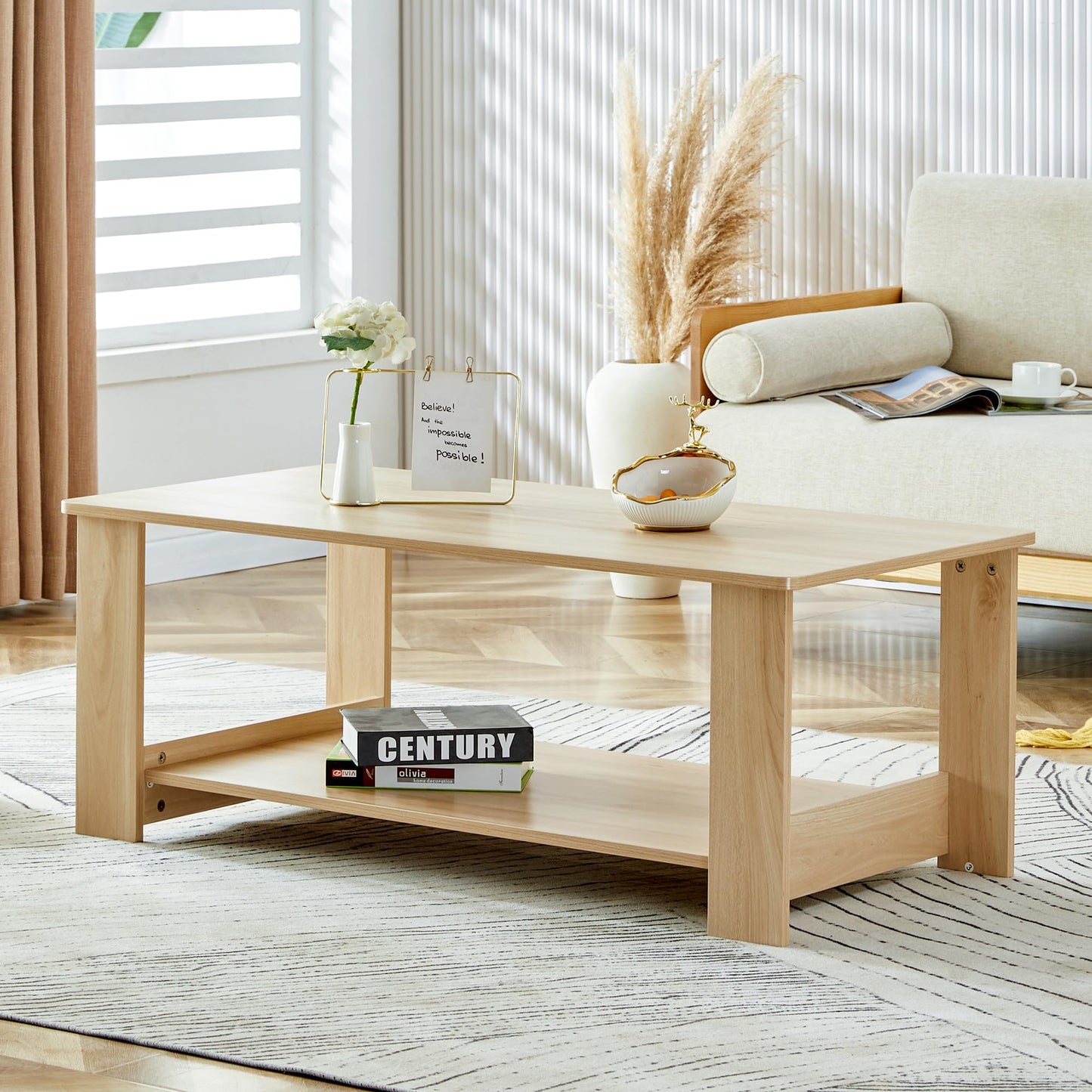KELESY Modern Double-Layered Coffee Table - Rustic MDF Center Table for Living Room