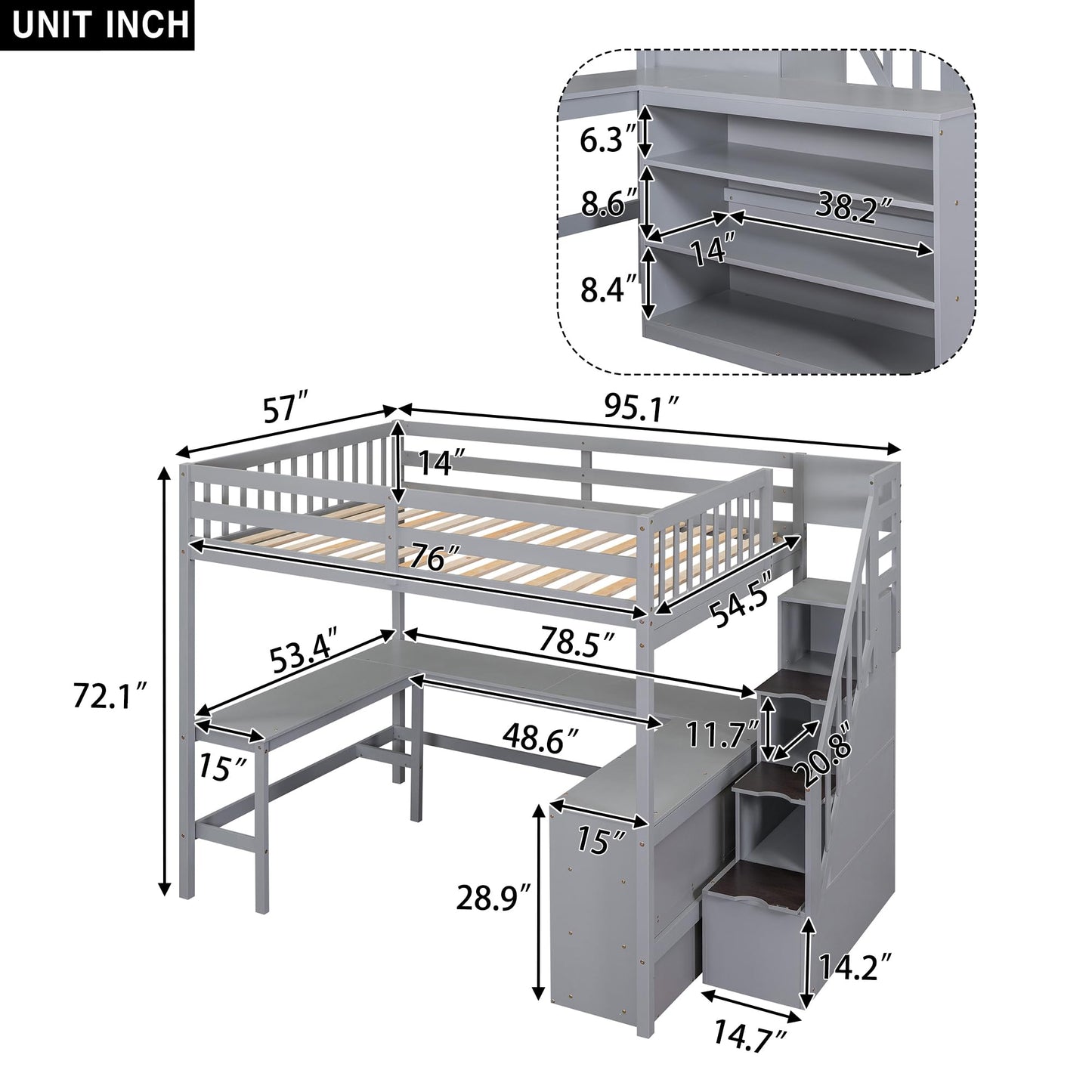 KELESY Full Size Loft Bed with Built-in L-Shaped Desk and Three-Tier Storage Shelves,and Attached Storage Staircase