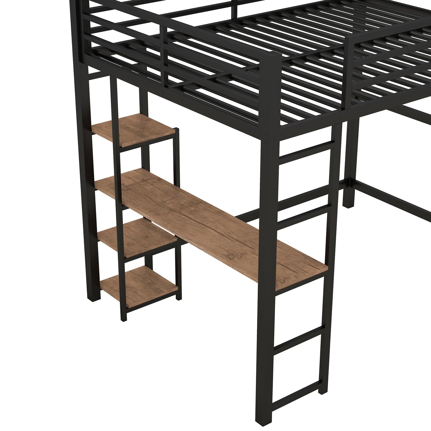 KELESY Full Size Metal Loft Bed with Built-in Desk and Storage Shelves, Black