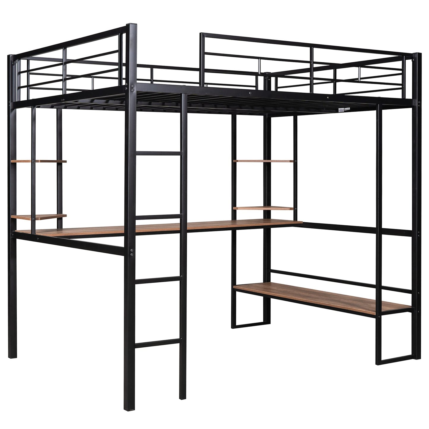 KELESY Full Size Loft Bed with Desk and Shelves, Heavy Duty Metal & MDF Construction, Black