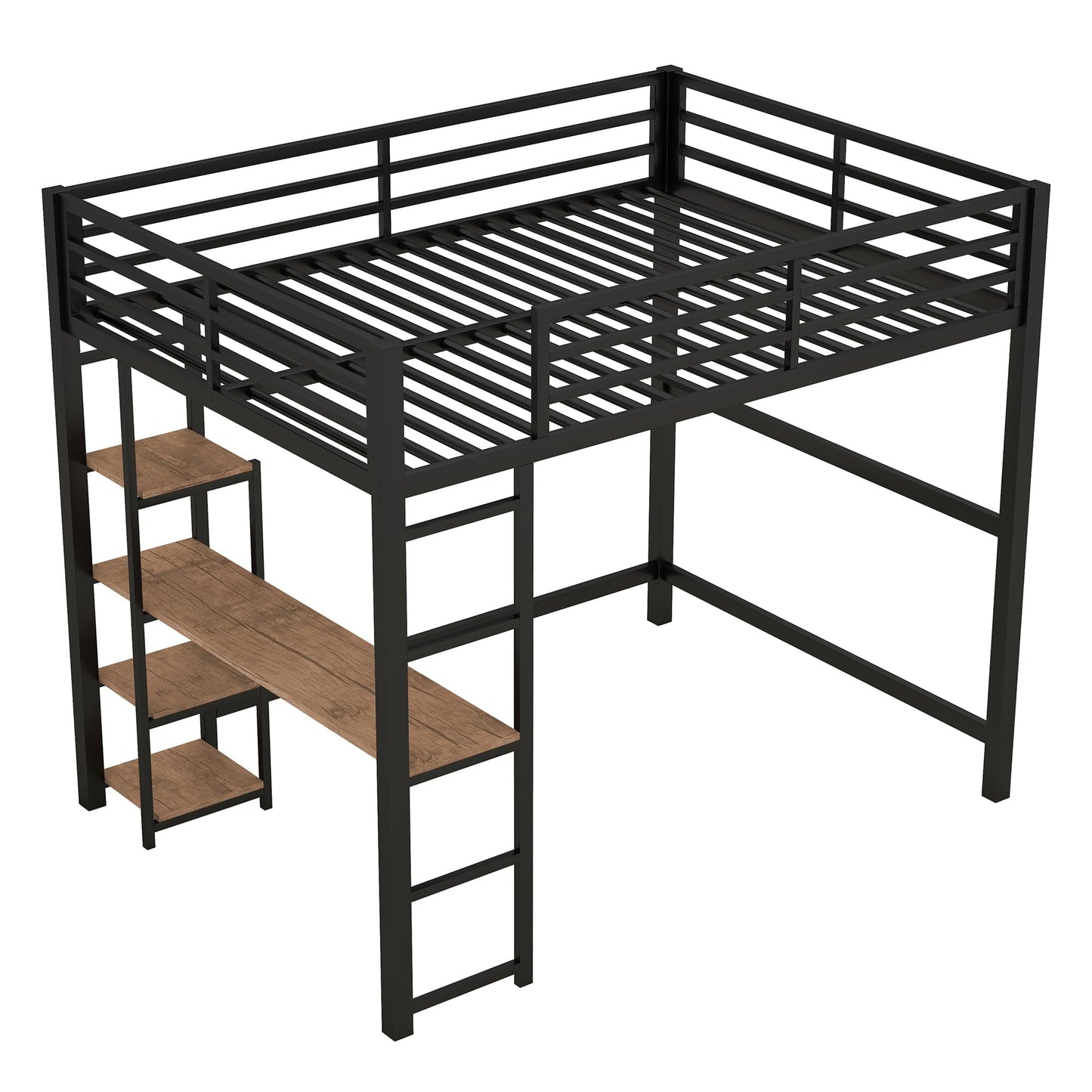 KELESY Full Size Metal Loft Bed with Built-in Desk and Storage Shelves, Black