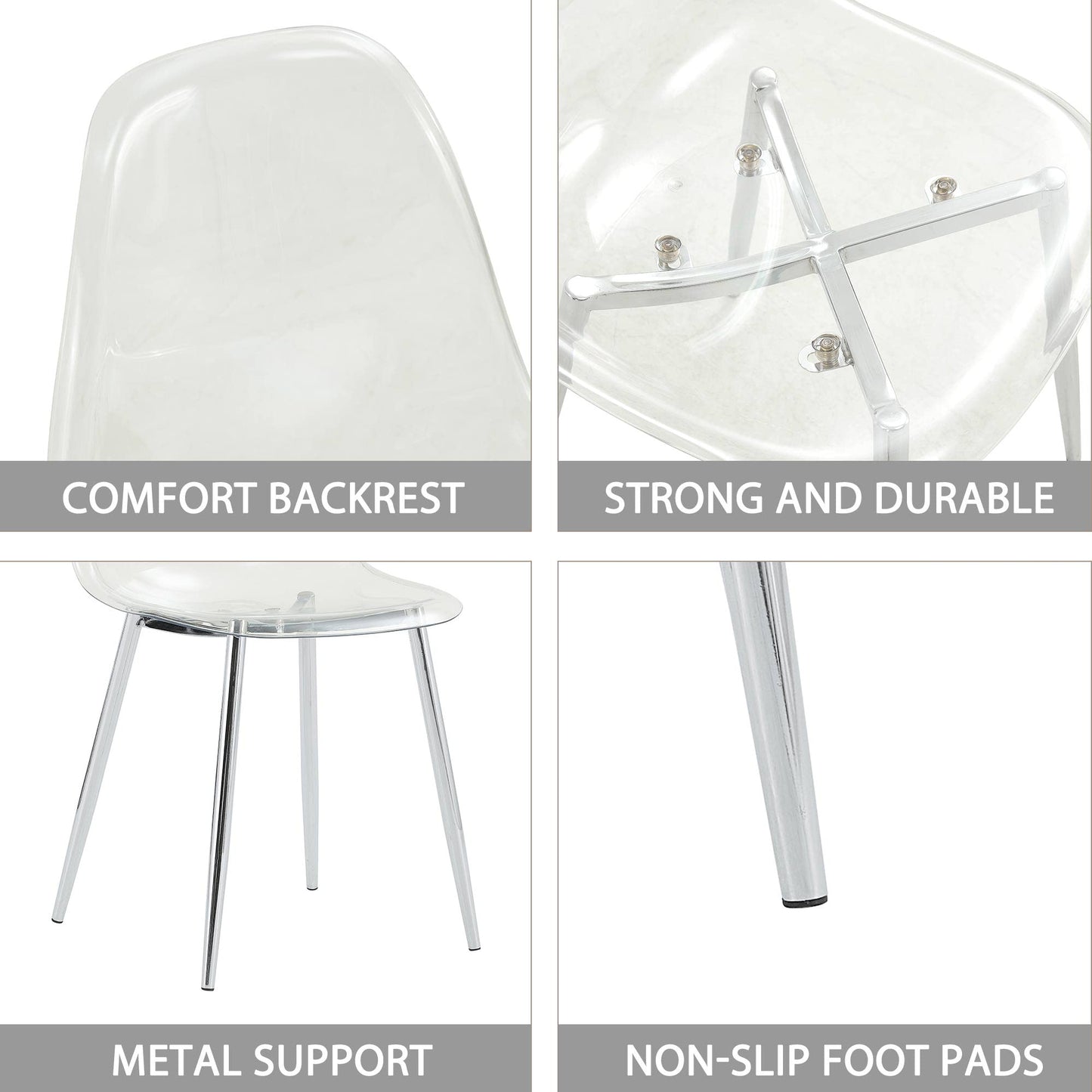 KELESY Modern Minimalist Transparent Dining Chair, Plastic Chair, Armless Crystal Chair, Nordic Creative Makeup Stool, Negotiation Chair, Silver Plated Metal Leg 6-Piece Set