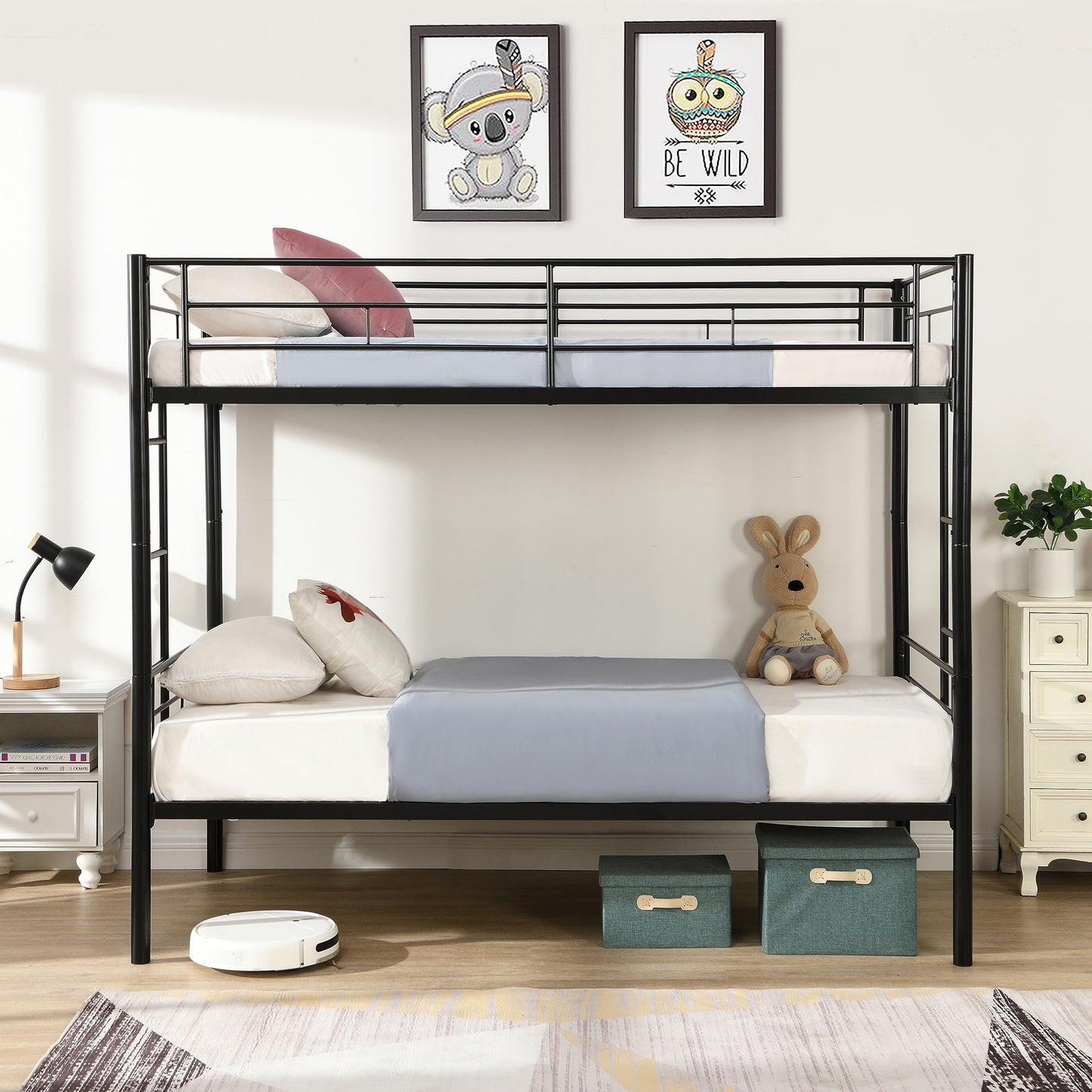 KELESY Over Twin Bunk Bed Frame with Trundle,Metal Bunkbed with Sturdy Guard Rail and 2 sideLadders for Kids/Adults,Can be Divided Into Two Beds, No Box Spring Needed, Noise Free for Dorm