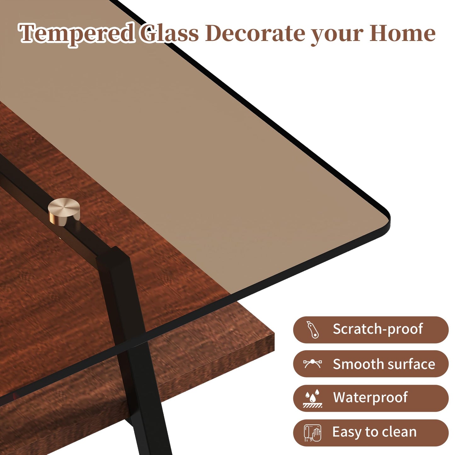 KELESY Modern Rectangle Coffee Table with Tempered Glass Top and Metal Legs - Stylish Living Room Tables for Elegance