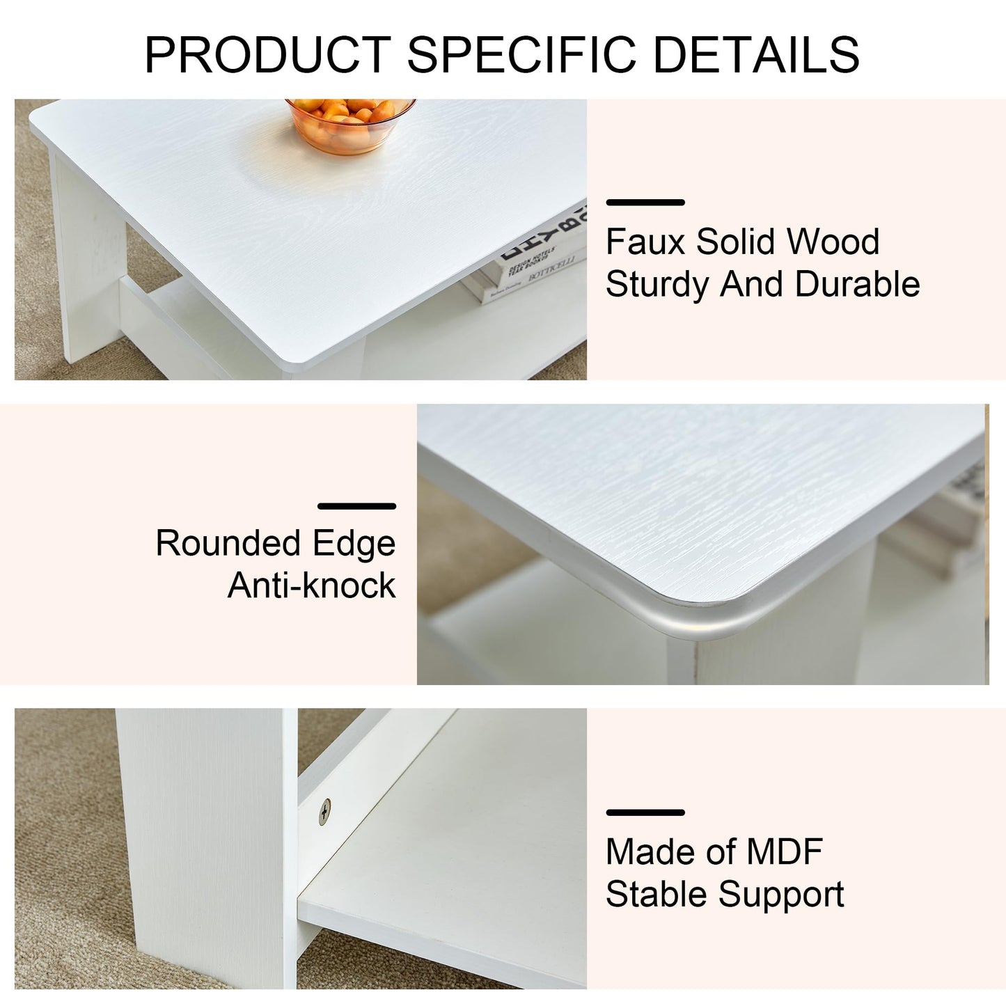 KELESY Modern White Coffee Table | Double-Layered MDF Center Table for Living Room, Bedroom & Study | Rustic, Farmhouse & Industrial Styles | 10-15 Minute Assembly