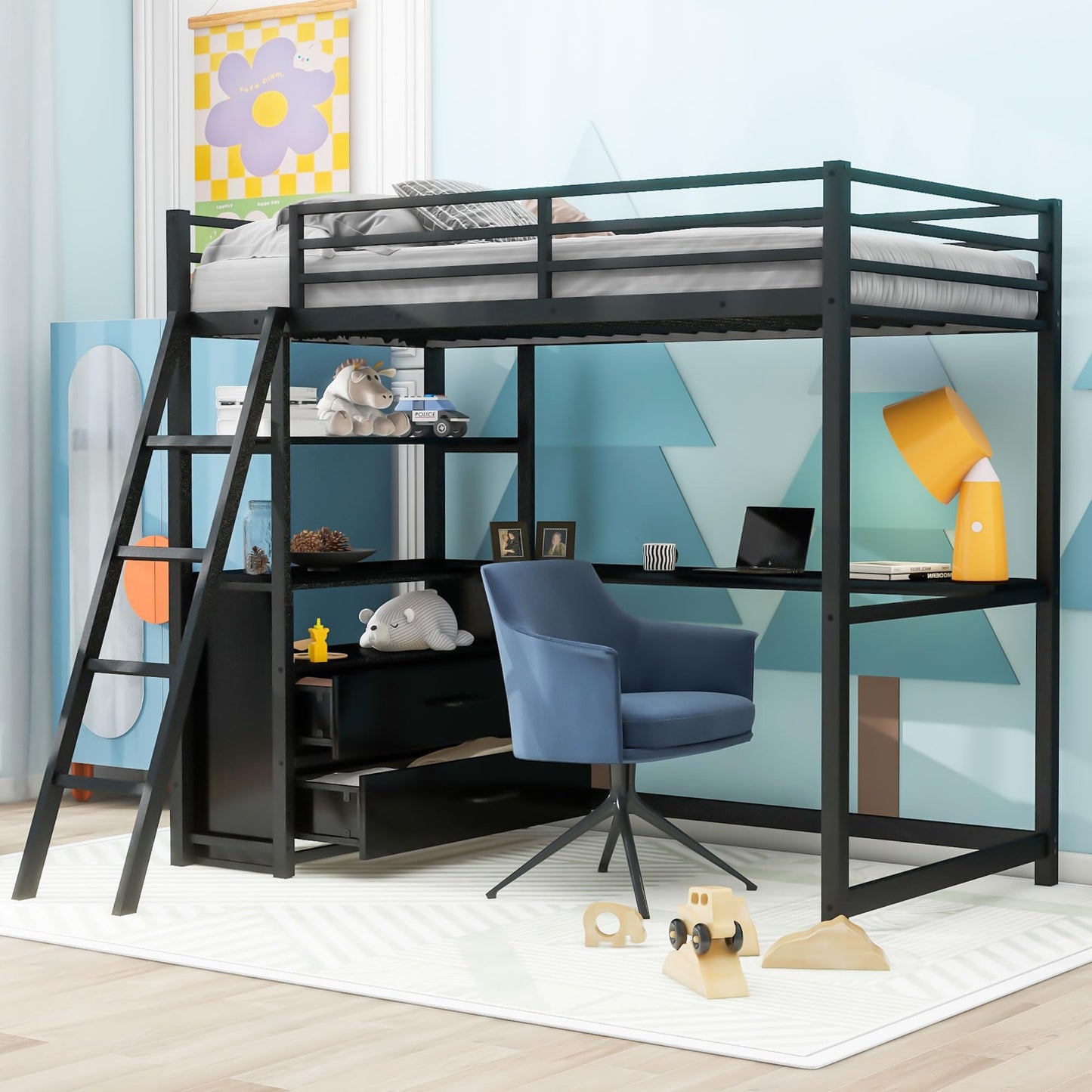 KELESY Twin Size Metal&Wood Loft Bed with Desk and Shelves, Two Built-in Drawers