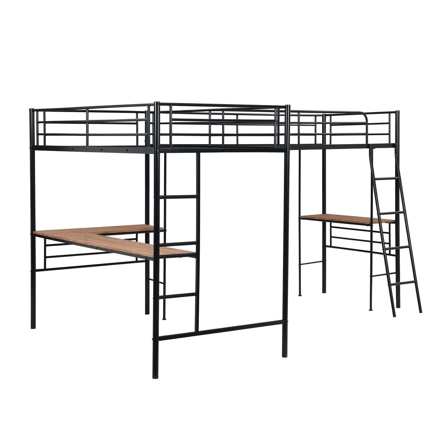 KELESY Sturdy and Functional Twin Size Metal Loft Bed with L-Shaped Design and Two Built-in Desks