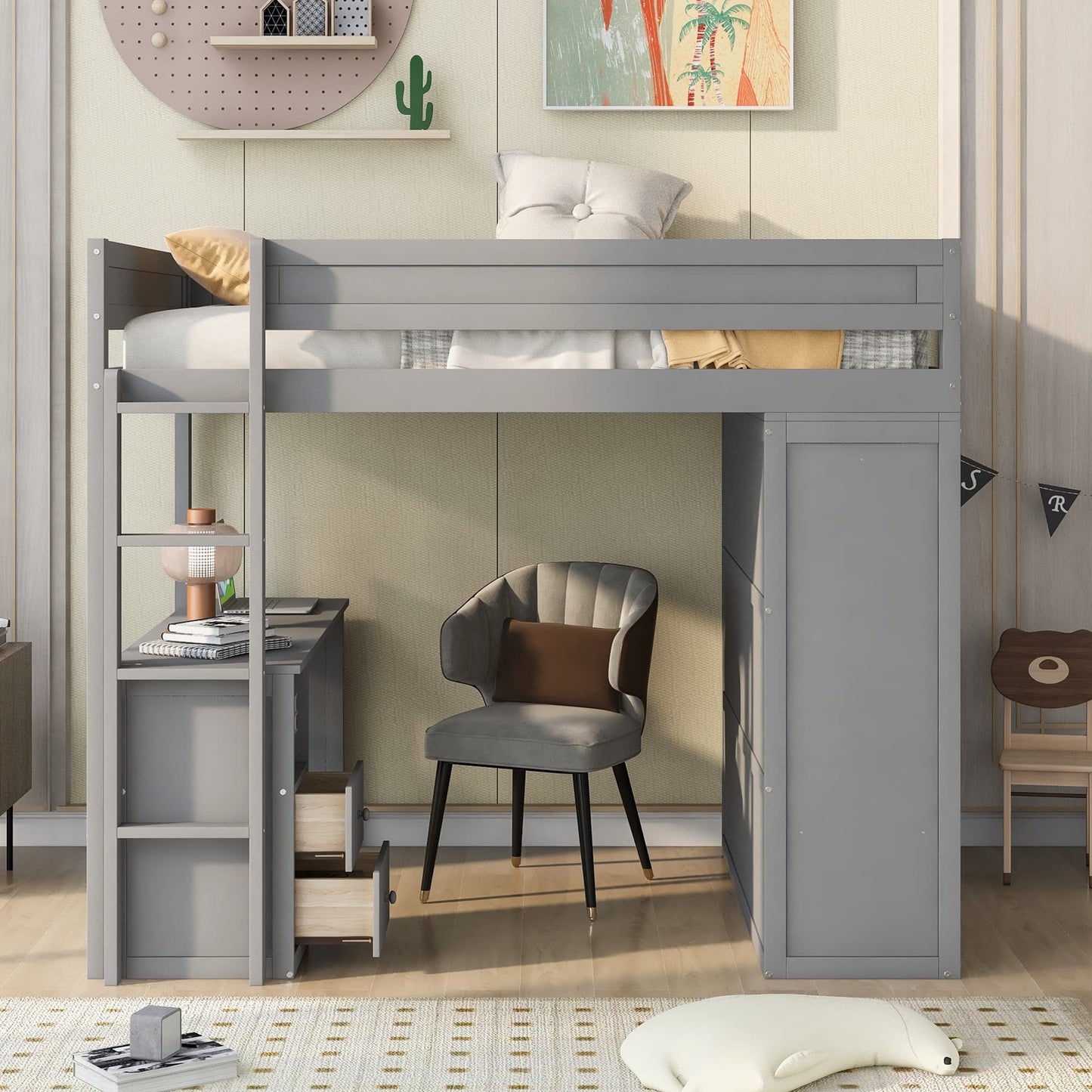 KELESY Wood Loft Bed with Desk, Wardrobe & Storage | Multi-Functional Loft Bed Frame for Adults & Teens