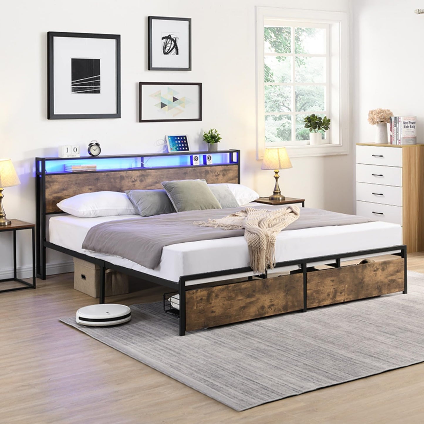 KELESY Bed Frame with 2 Storage Drawers, Storage Headboard with Charging Station, Solid and Stable, Noise Free, No Box Spring Needed, Easy Assembly, Dark Brown