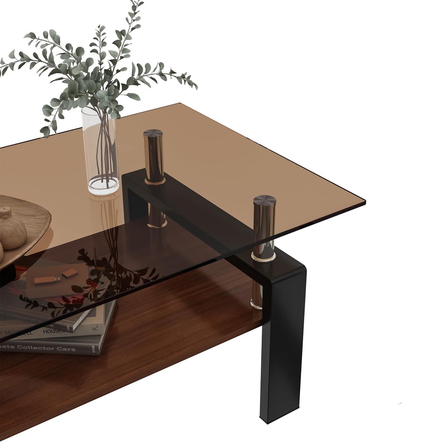 KELESY Modern Rectangle Coffee Table with Tempered Glass Top and MDF Layer - Stylish Living Room Glass Table