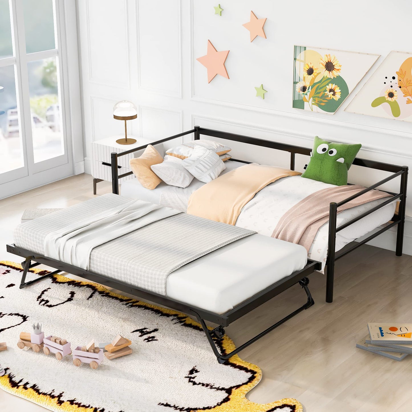 KELESY Twin Size Metal Daybed with Adjustable Trundle, Twin Size Daybed with Pop Up Trundle, Twin Bed Frame for Kids, Teens, Adults, Easy Assembly