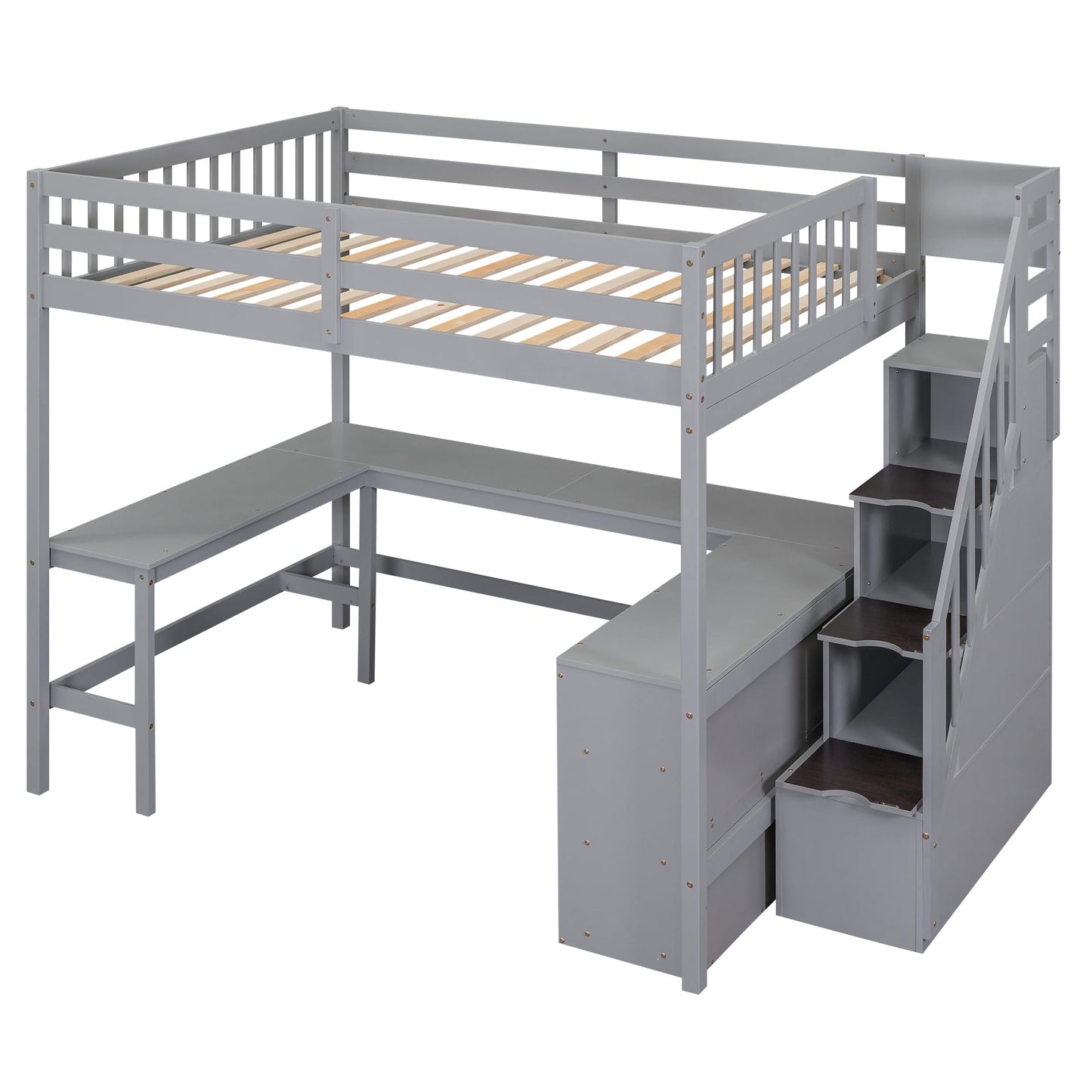 KELESY Full Size Loft Bed with Built-in L-Shaped Desk and Three-Tier Storage Shelves,and Attached Storage Staircase
