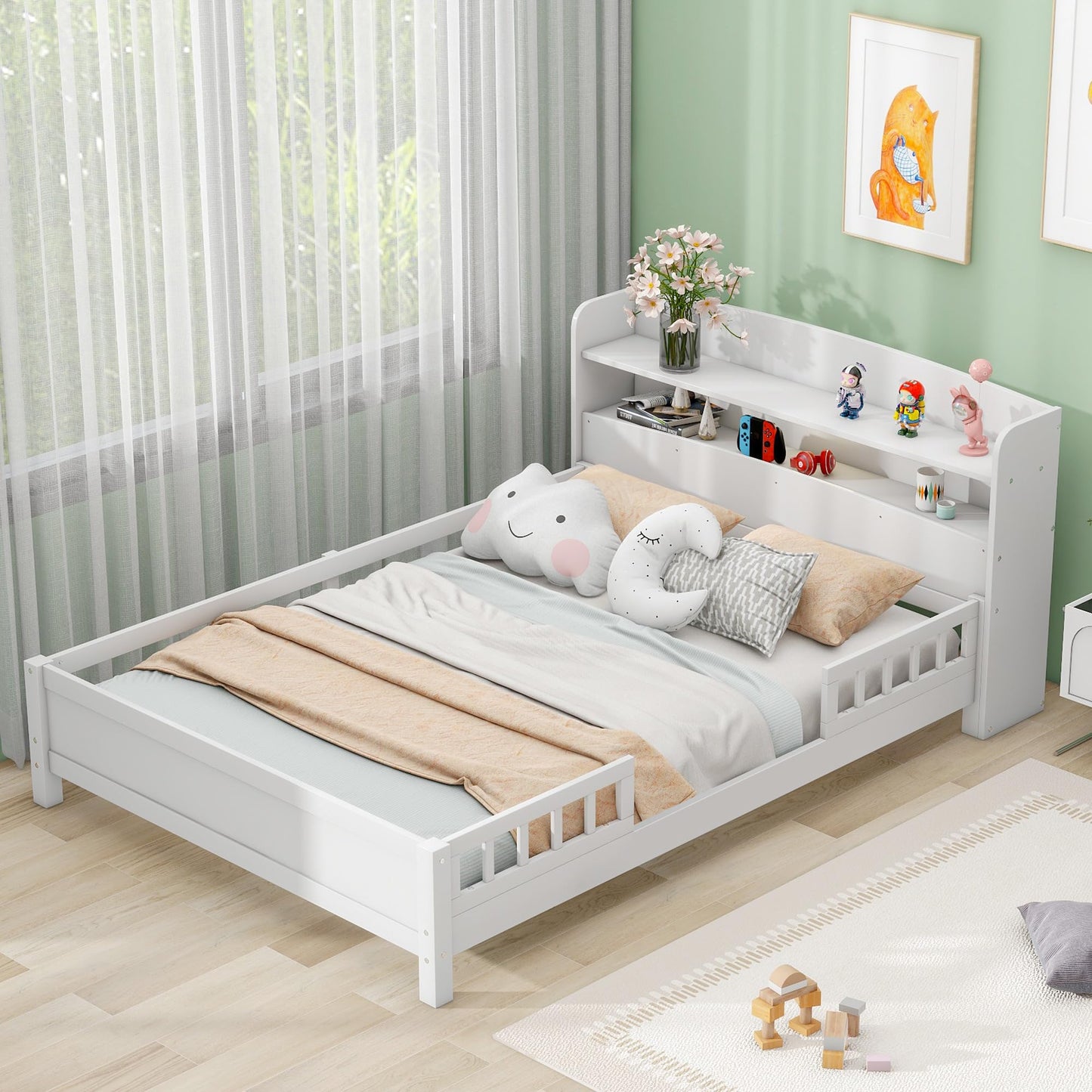 KELESY Bed Frame with Storage Headboard and Guardrail, LED Platform Bed Wood Frame, for Kids Teens Boys Girls, No Box Spring Needed, Easy Assembly