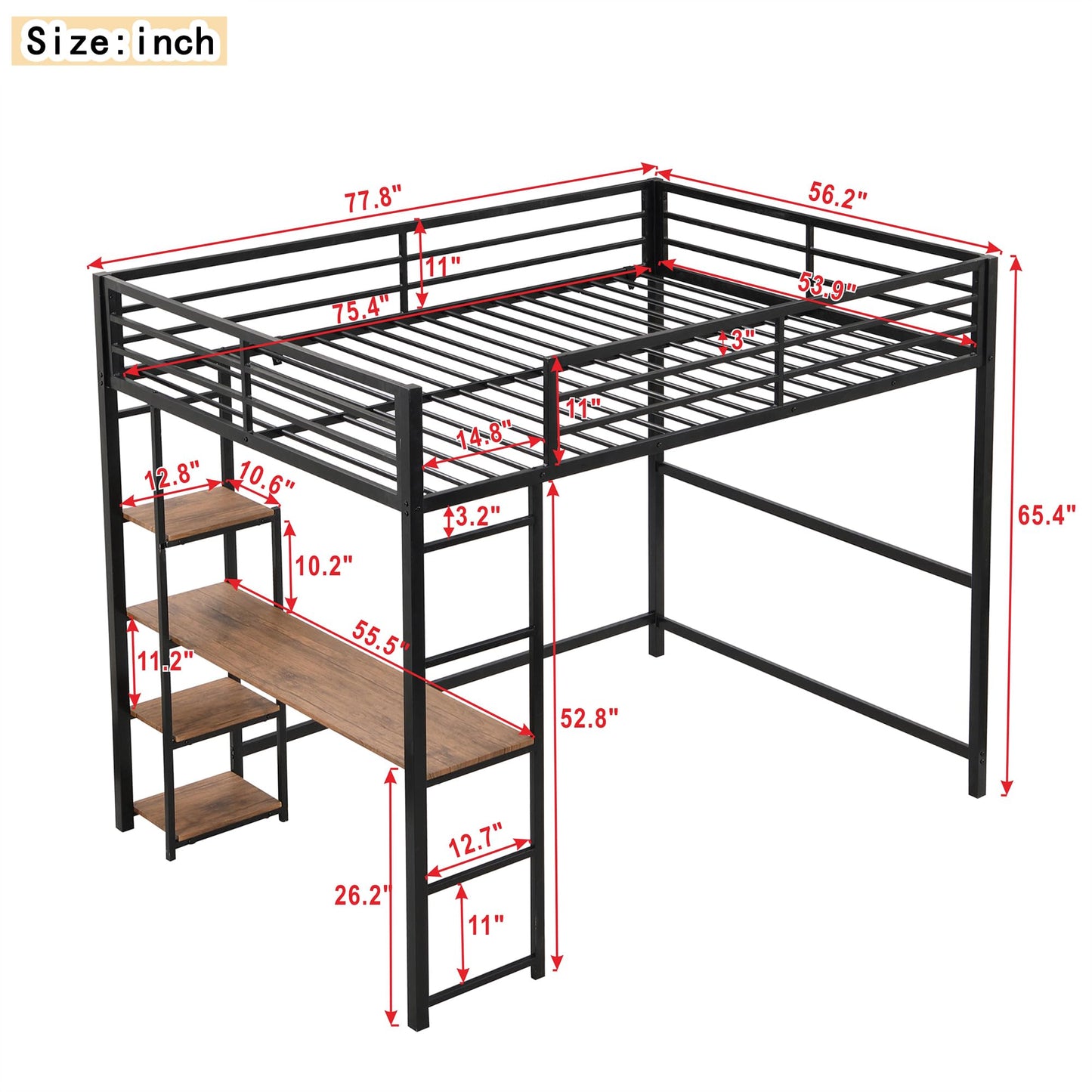 KELESY Full Size Metal Loft Bed with Built-in Desk and Storage Shelves, Black