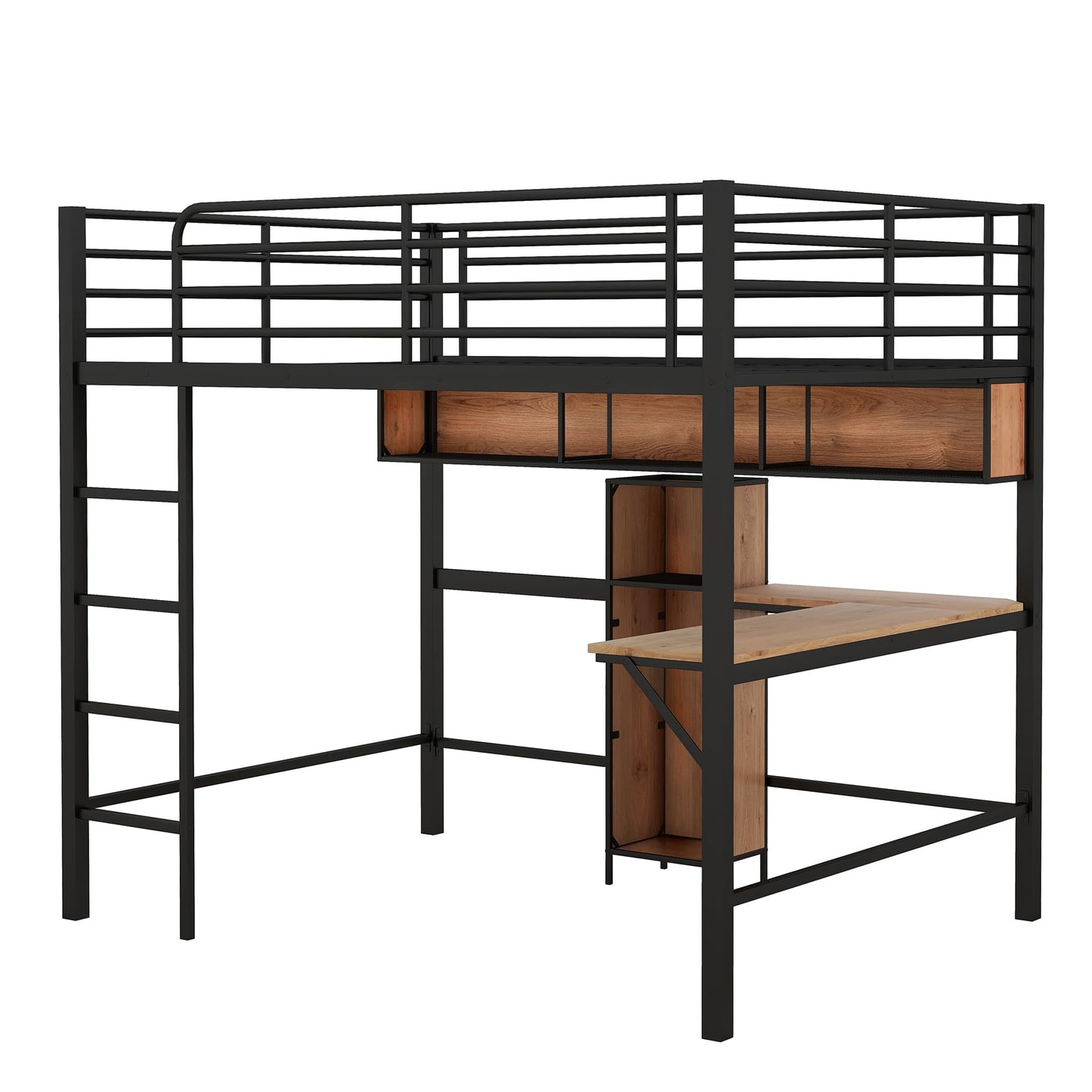 KELESY Full Size Metal & Wood Loft Bed with L -Shaped Desk and Shelves, Black and Brown