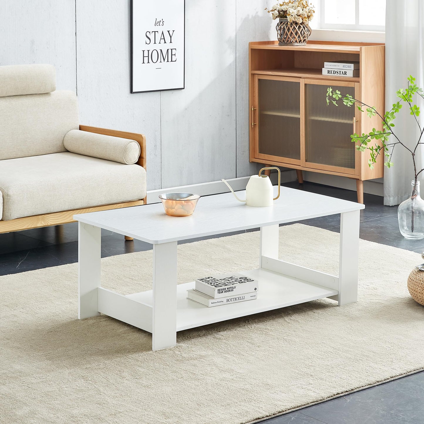 KELESY Modern White Coffee Table | Double-Layered MDF Center Table for Living Room, Bedroom & Study | Rustic, Farmhouse & Industrial Styles | 10-15 Minute Assembly