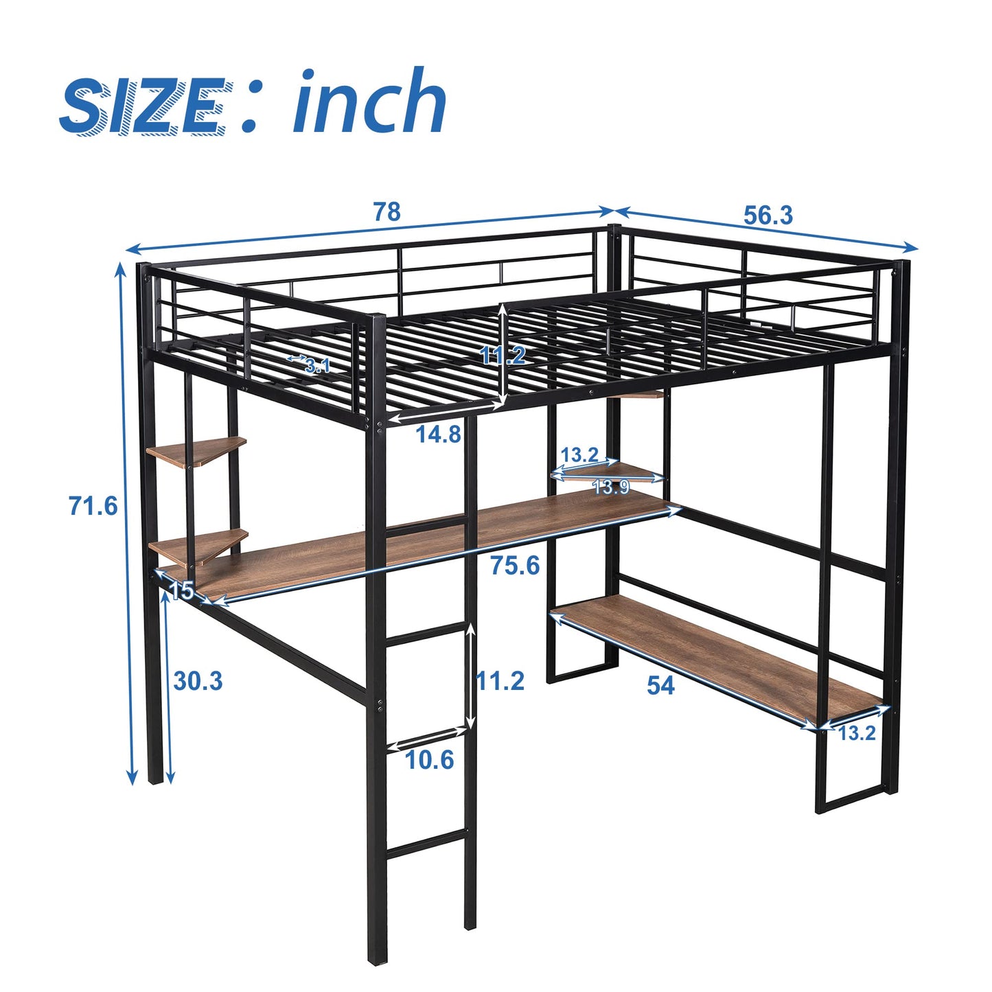 KELESY Full Size Loft Bed with Desk and Shelves, Heavy Duty Metal & MDF Construction, Black