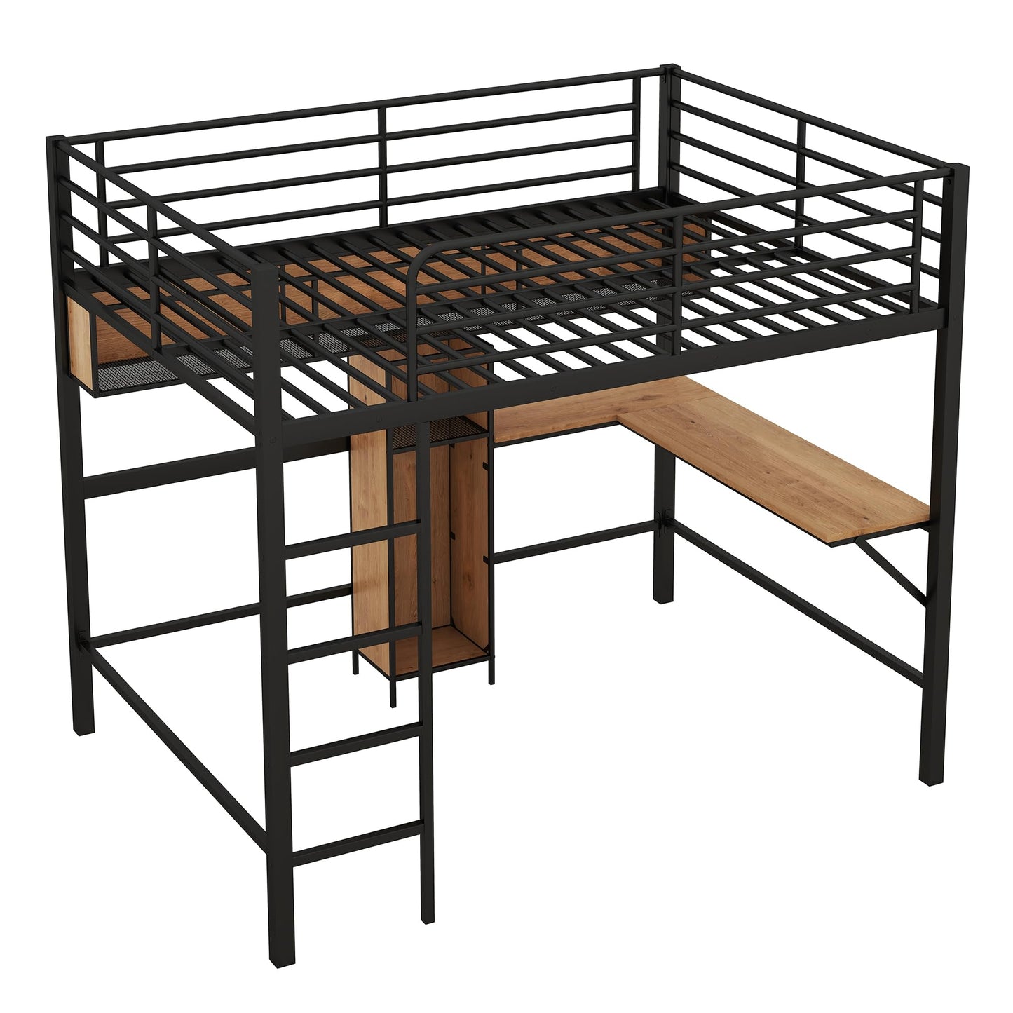 KELESY Full Size Metal & Wood Loft Bed with L -Shaped Desk and Shelves, Black and Brown