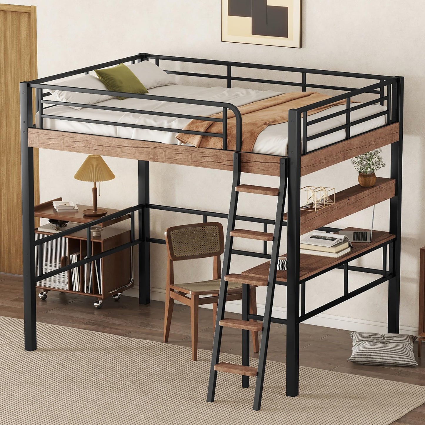 KELESY Metal Loft Bed with Built-in Desk, Storage Shelf and Ladder, Black