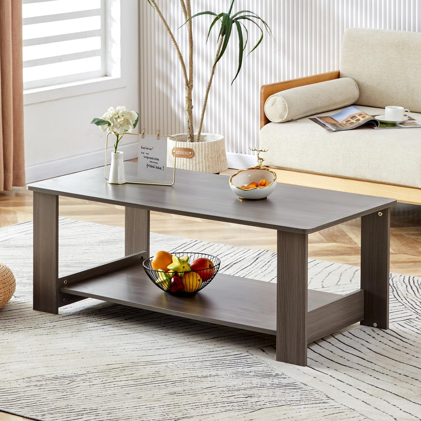 KELESY Modern Double-Layered Coffee Table - Rustic MDF Center Table for Living Room