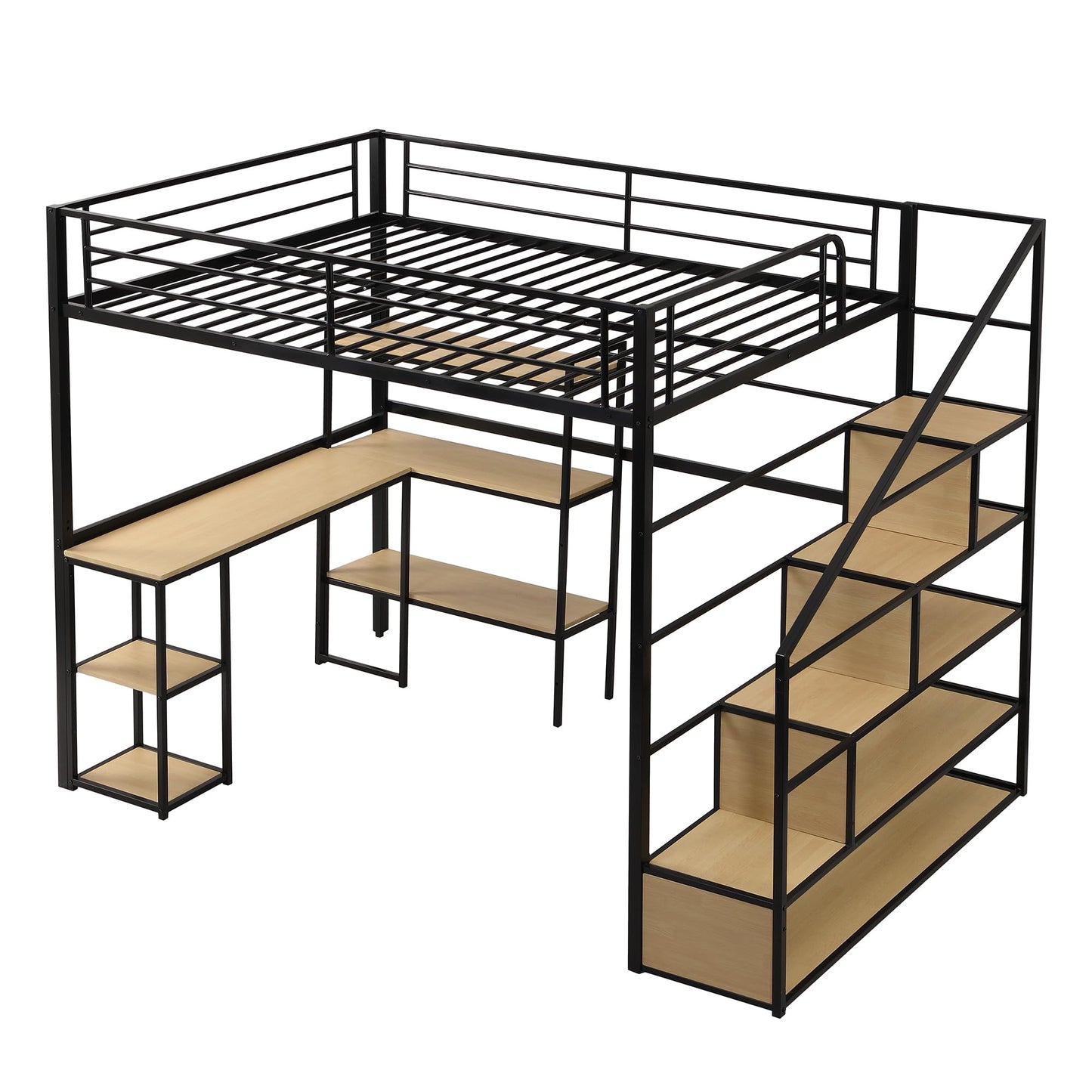 KELESY Full Size Metal Loft Bed with Staircase, Built-in Desk and Shelves, Black