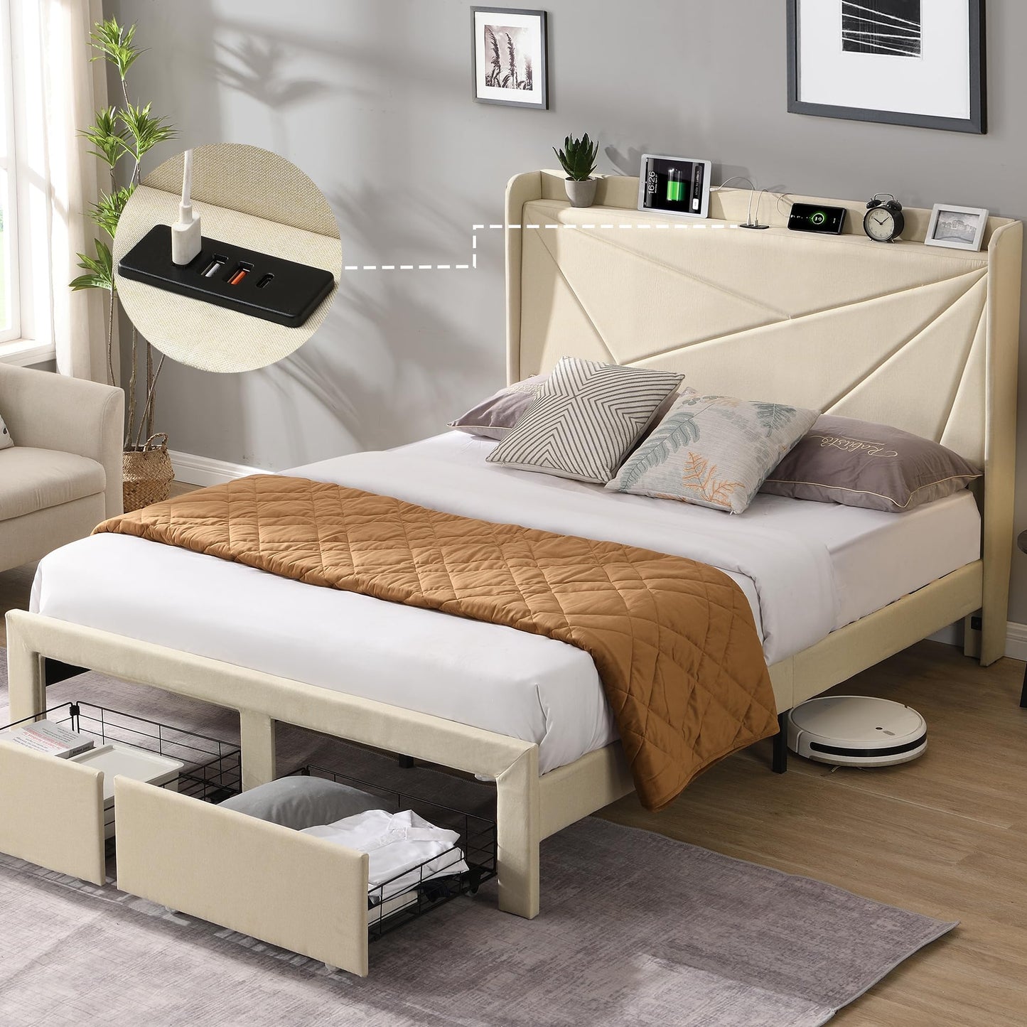 KELESY Bed Frame with 2 Storage Drawers, Upholstered Bed Frame with Wingback Headboard Storage Shelf Built-in USB Charging Stations and Strong Wood Slats Support, No Box Spring Needed