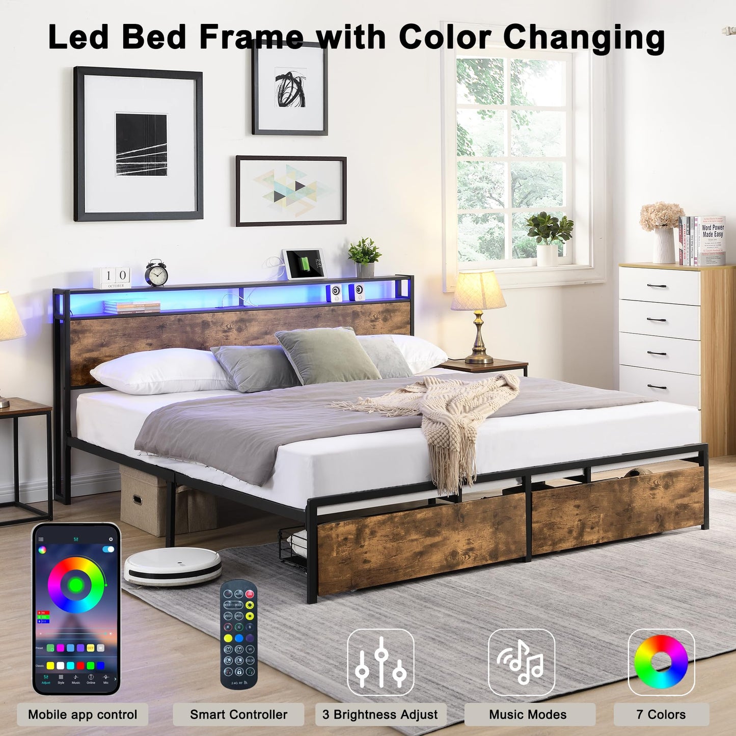 KELESY Bed Frame with 2 Storage Drawers, Storage Headboard with Charging Station, Solid and Stable, Noise Free, No Box Spring Needed, Easy Assembly, Dark Brown