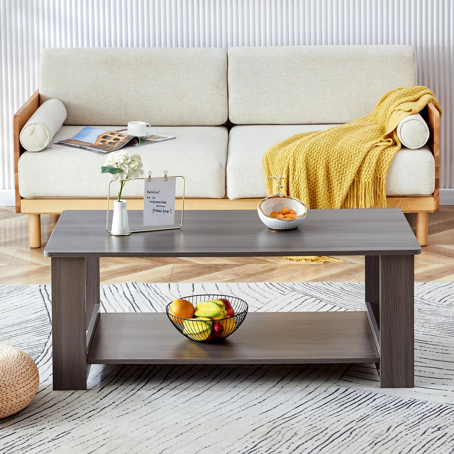 KELESY Modern Double-Layered Coffee Table - Rustic MDF Center Table for Living Room