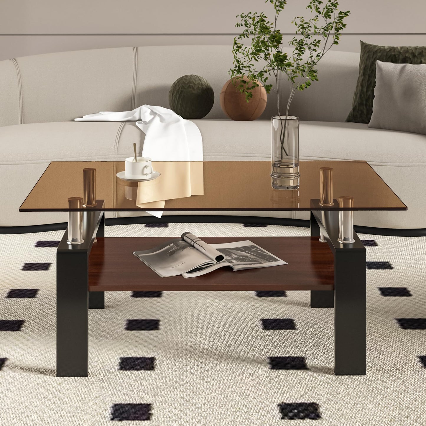 KELESY Modern Rectangle Coffee Table with Tempered Glass Top and MDF Layer - Stylish Living Room Glass Table